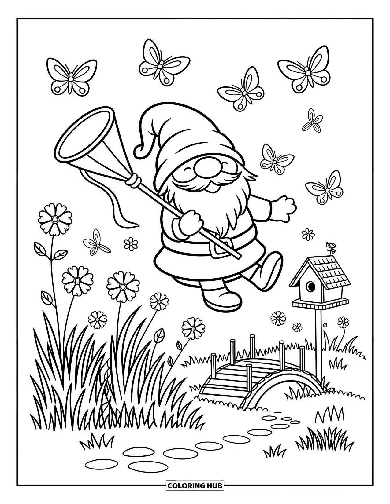Summer Gnome Coloring Page for Adults: A gnome in a meadow tries to catch butterflies while flowers bloom all around