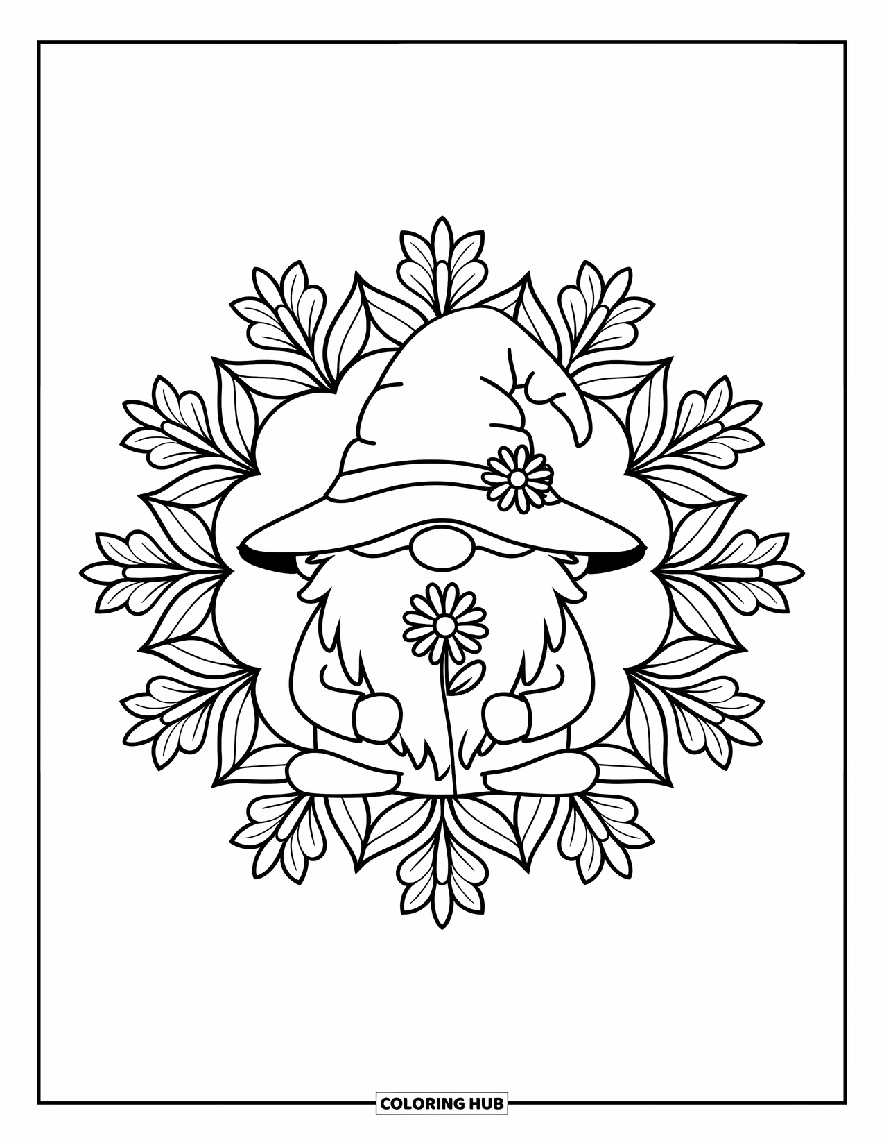 Summer Gnome Coloring Page for Adults: A gnome in a straw hat holds a daisy within a flowery summer circle