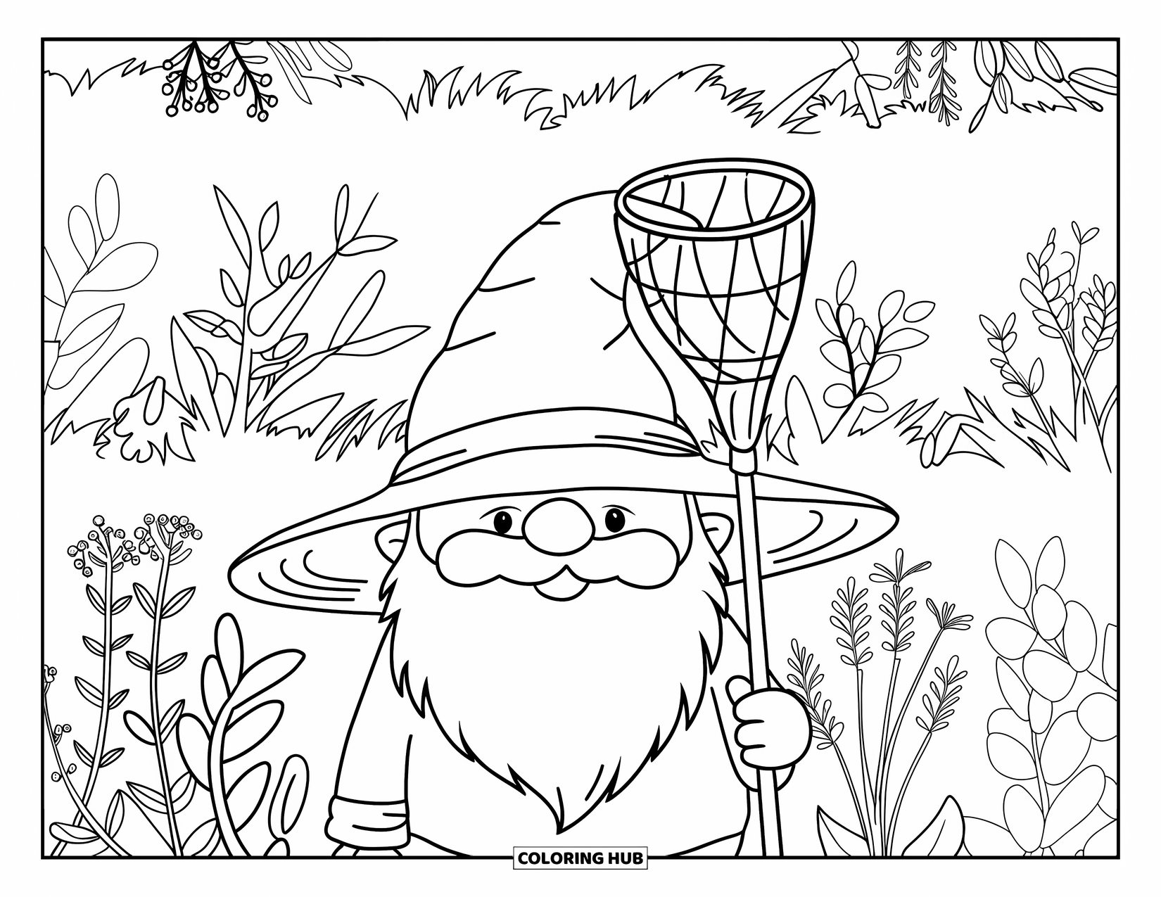 Summer Gnome Coloring Page for Adults: A gnome in a straw hat holds a net among herbs and winding greenery