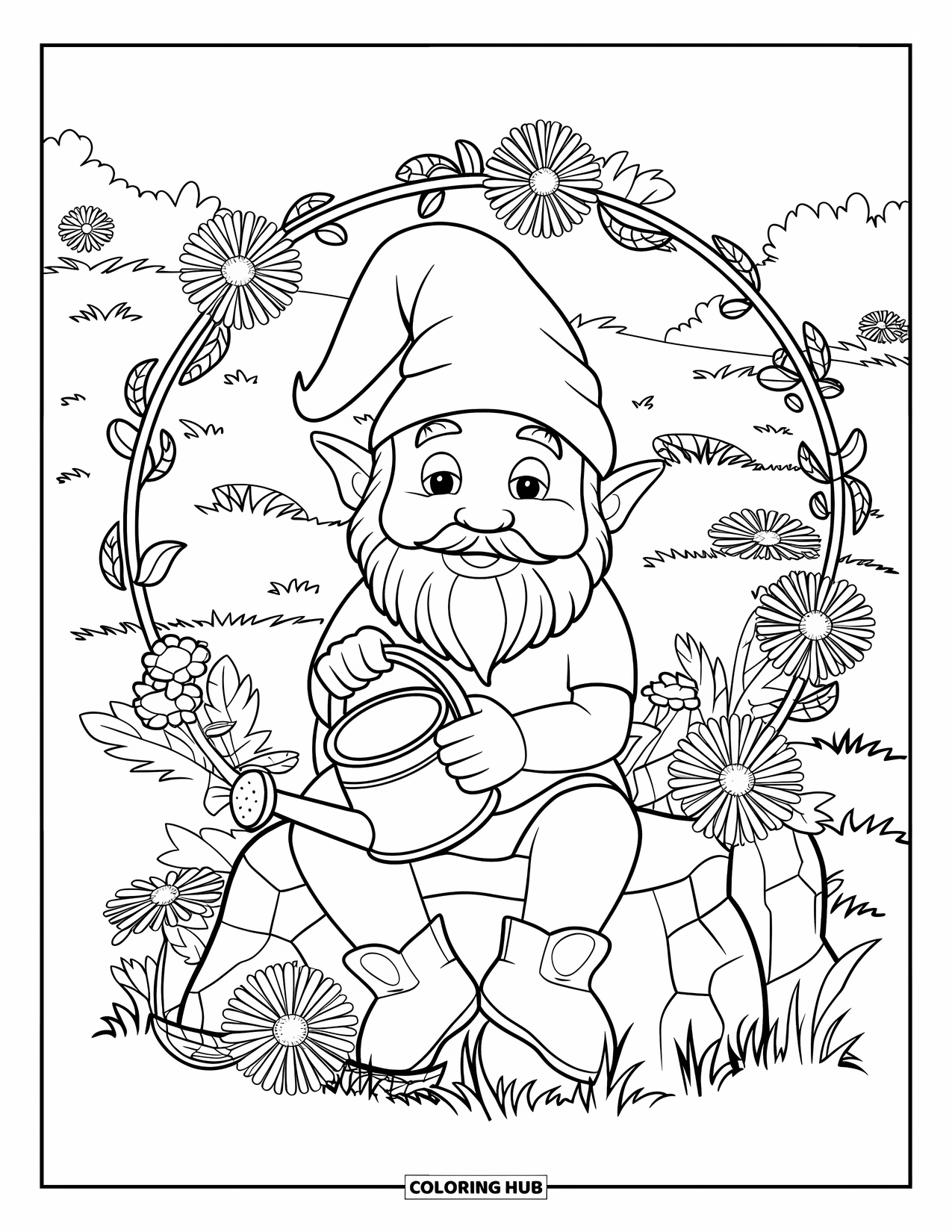 Summer Gnome Coloring Page for Adults: A gnome on a rock holds a watering can among flowers and curling vines