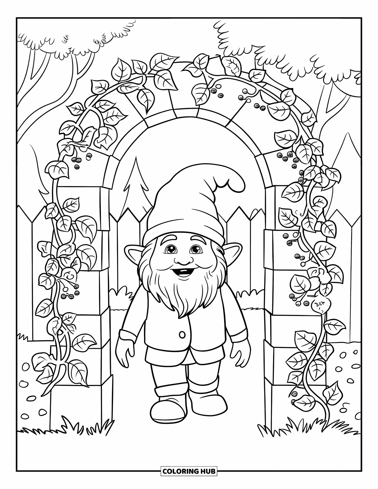 Summer Gnome Coloring Page for Adults: A gnome passes through a leafy arch filled with berries and flowers