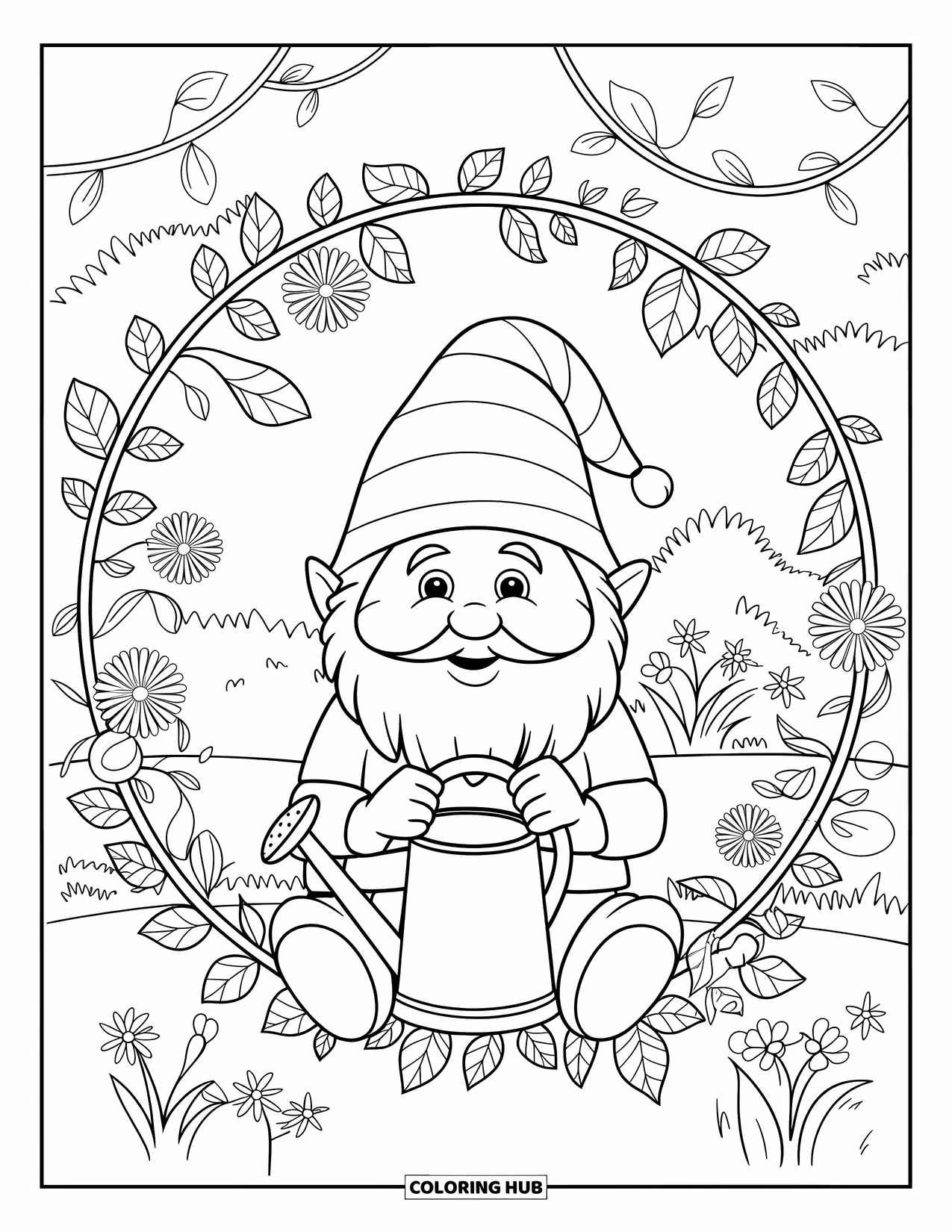 Summer Gnome Coloring Page for Adults: A gnome relaxes with a watering can in a garden full of flowers