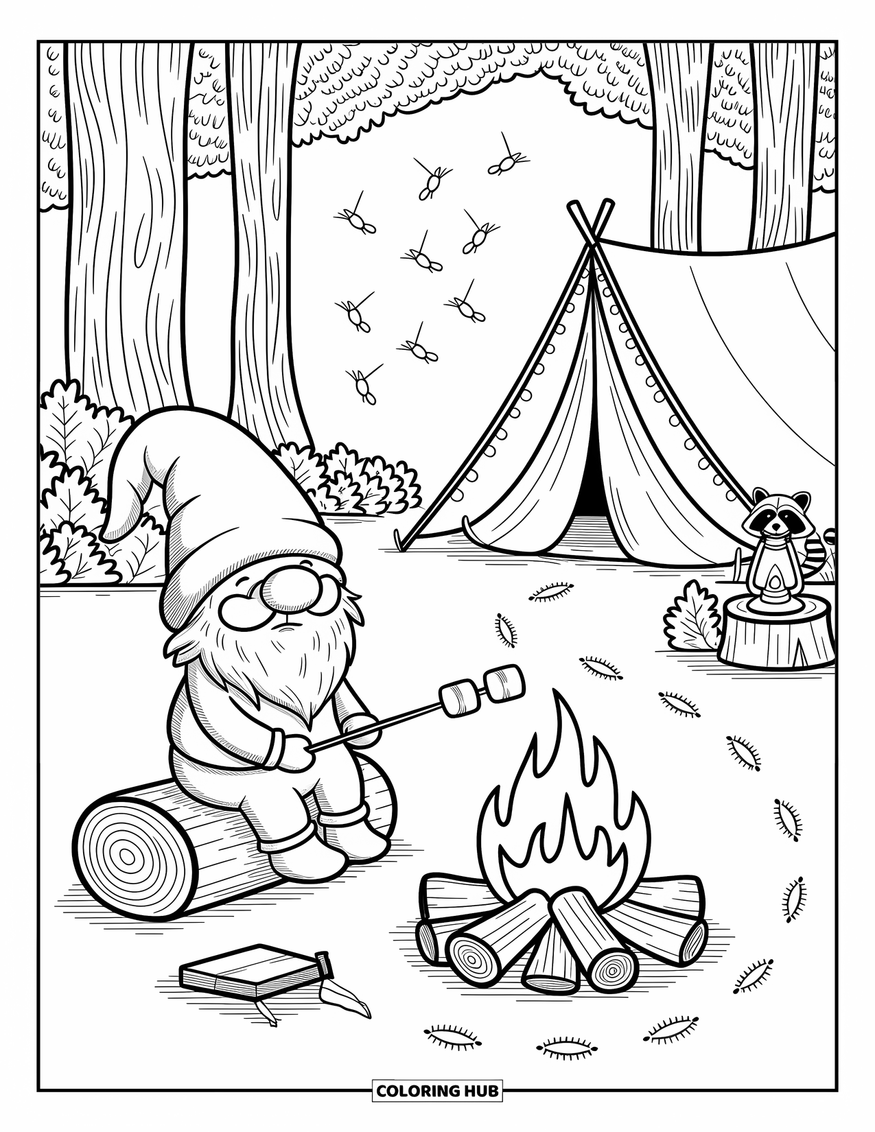 Summer Gnome Coloring Page for Adults: A gnome roasts marshmallows by a campfire near a tent and glowing fireflies