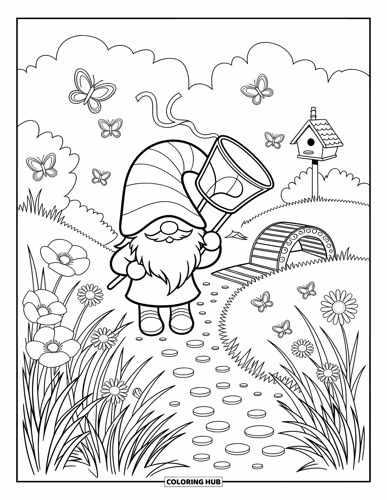 Summer Gnome Coloring Page for Adults: A gnome runs with a butterfly net near flowers and a little bridge