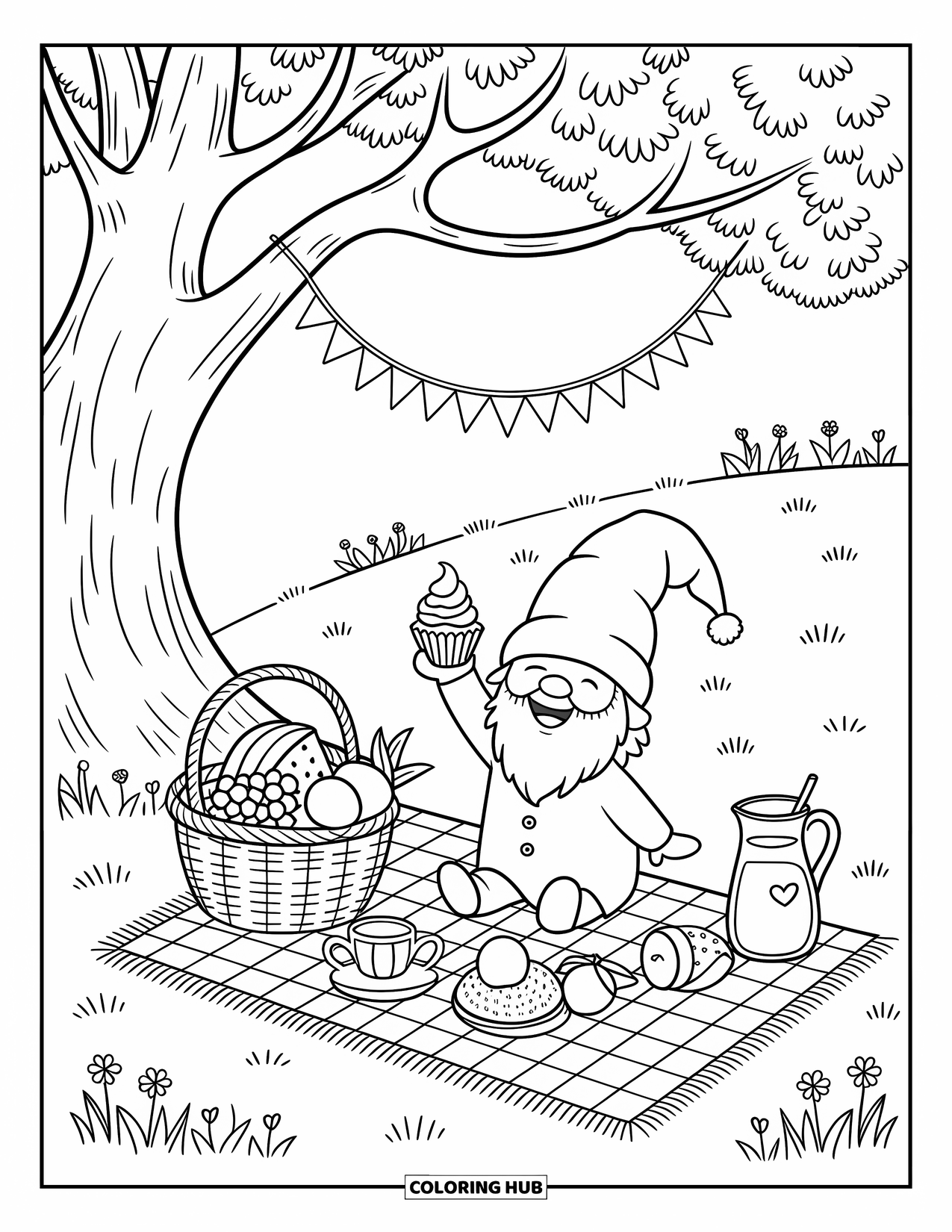 Summer Gnome Coloring Page for Adults: A gnome sits on a picnic blanket enjoying a cupcake with fruit and lemonade
