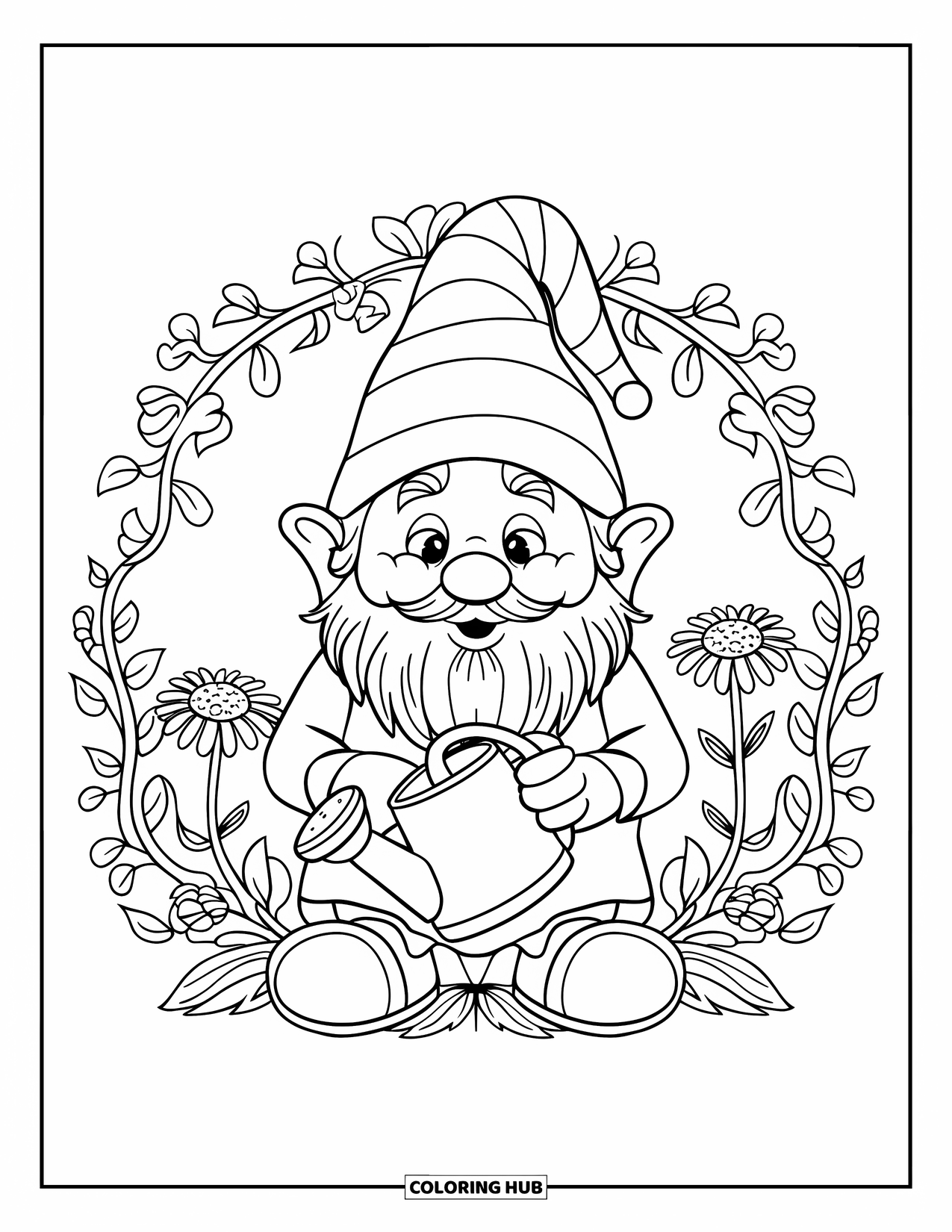 Summer Gnome Coloring Page for Adults: A gnome sits with a watering can, surrounded by summer vines and blossoms
