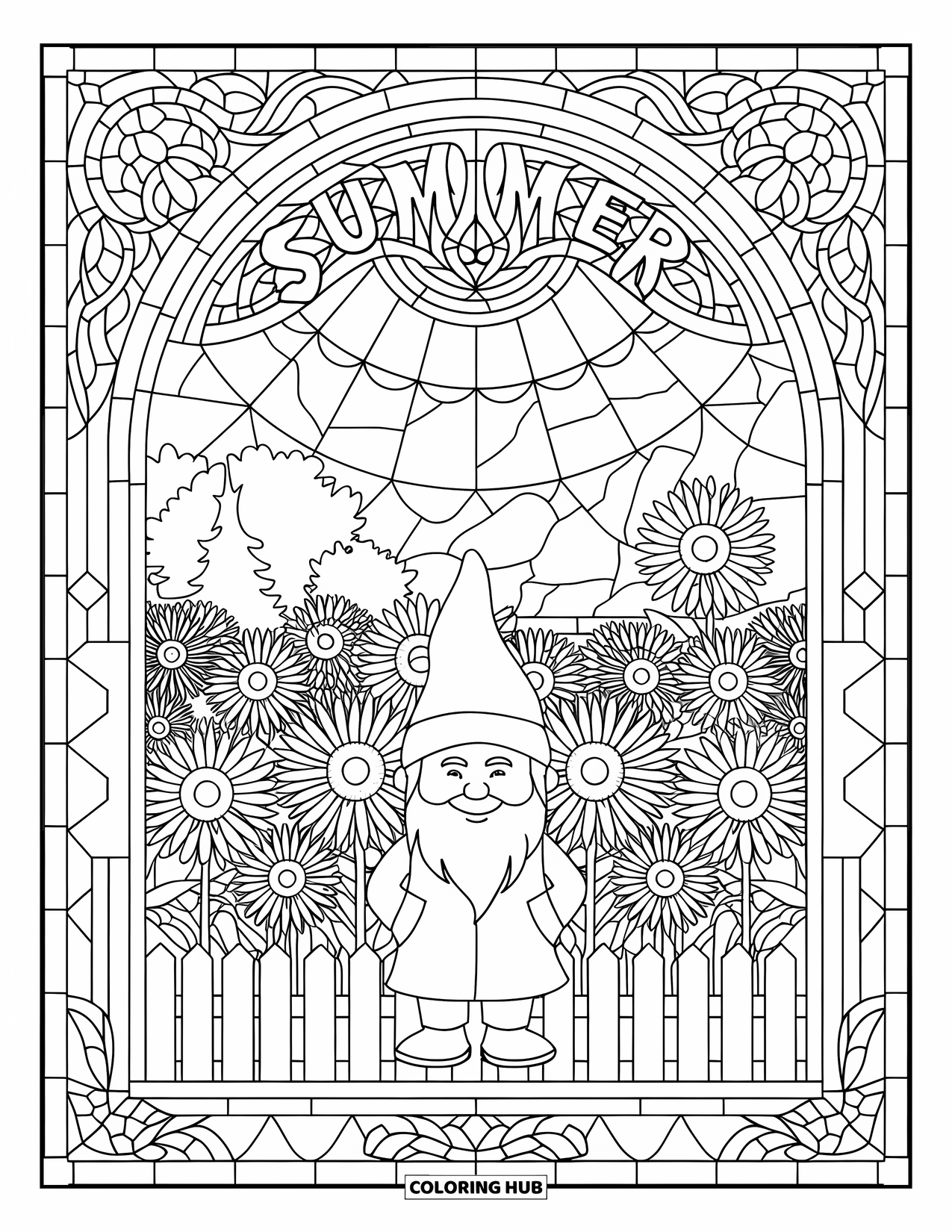 Summer Gnome Coloring Page for Adults: A gnome smiles in a sunflower garden framed by stained-glass summer patterns