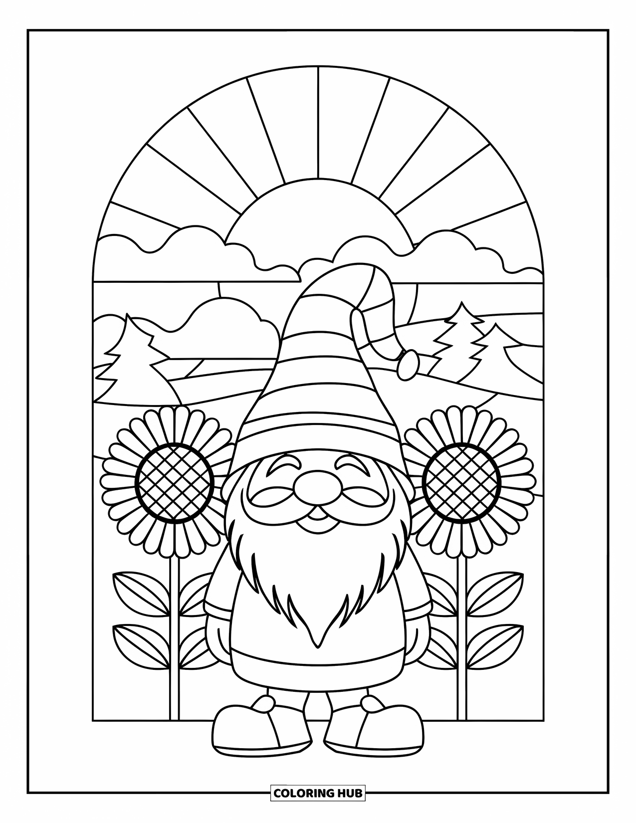 Summer Gnome Coloring Page for Adults: A gnome stands among tall sunflowers under a glowing stained-glass sky