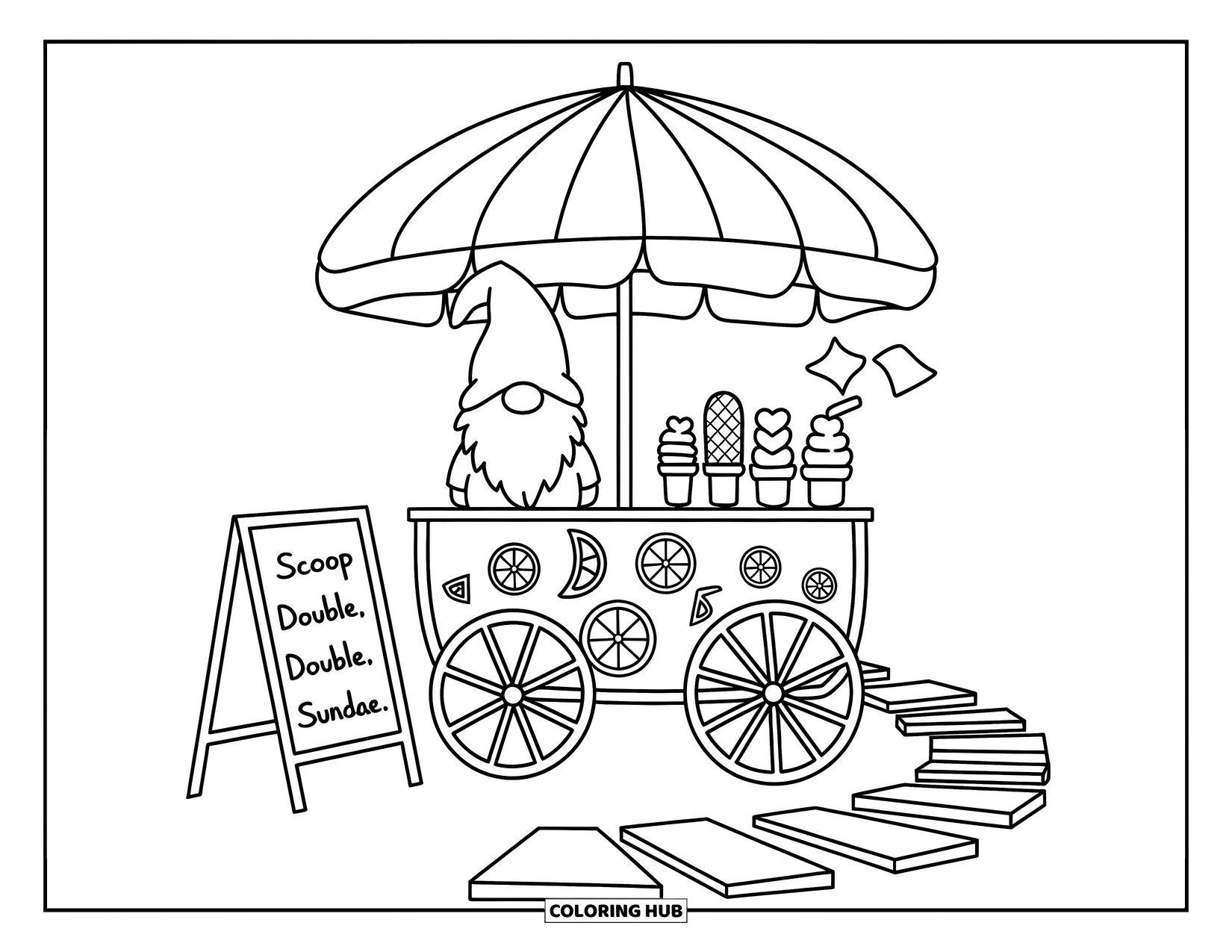 Summer Gnome Coloring Page for Adults: A gnome stands proudly at an ice cream cart as napkins flutter in the breeze