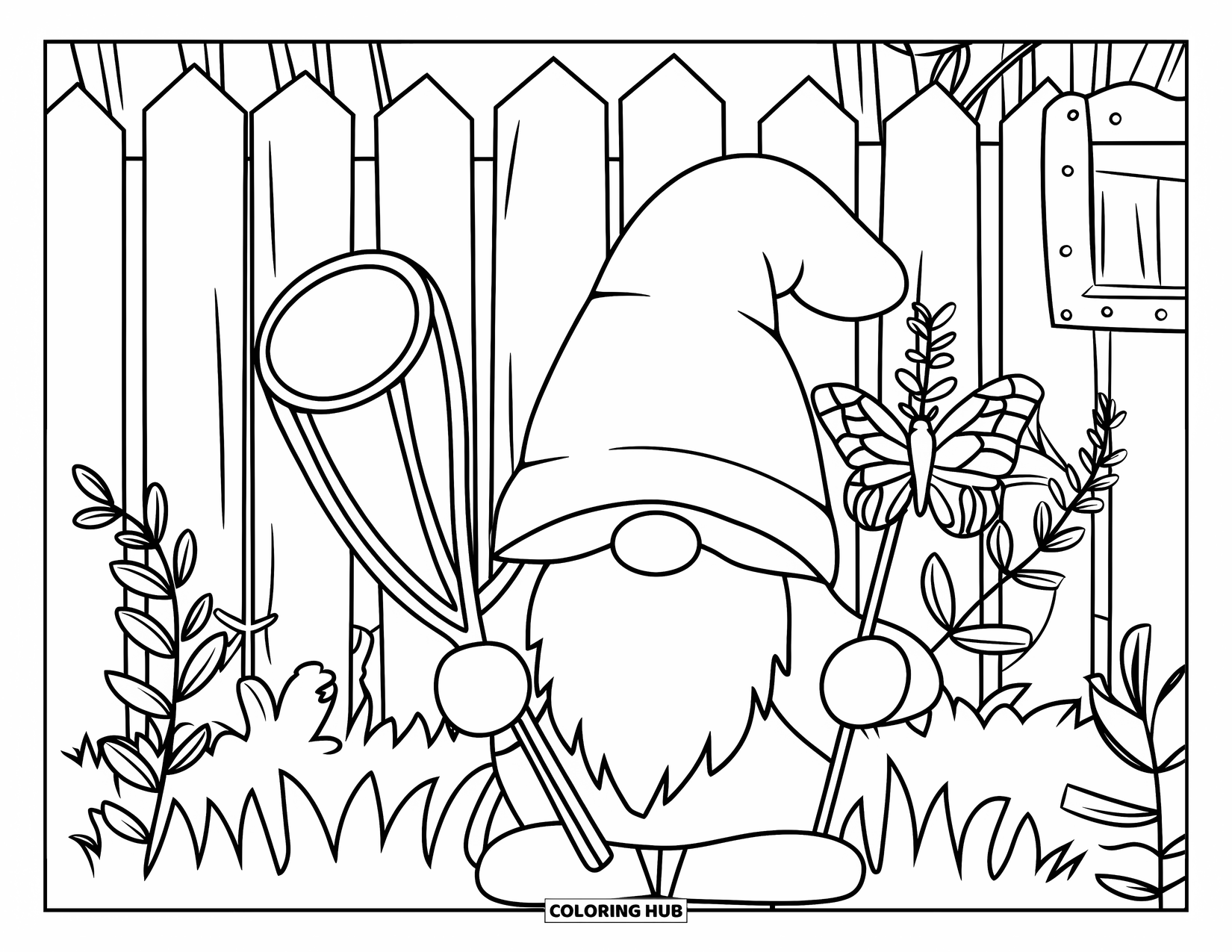 Summer Gnome Coloring Page for Adults: A gnome stands ready with a net in a cozy garden of herbs