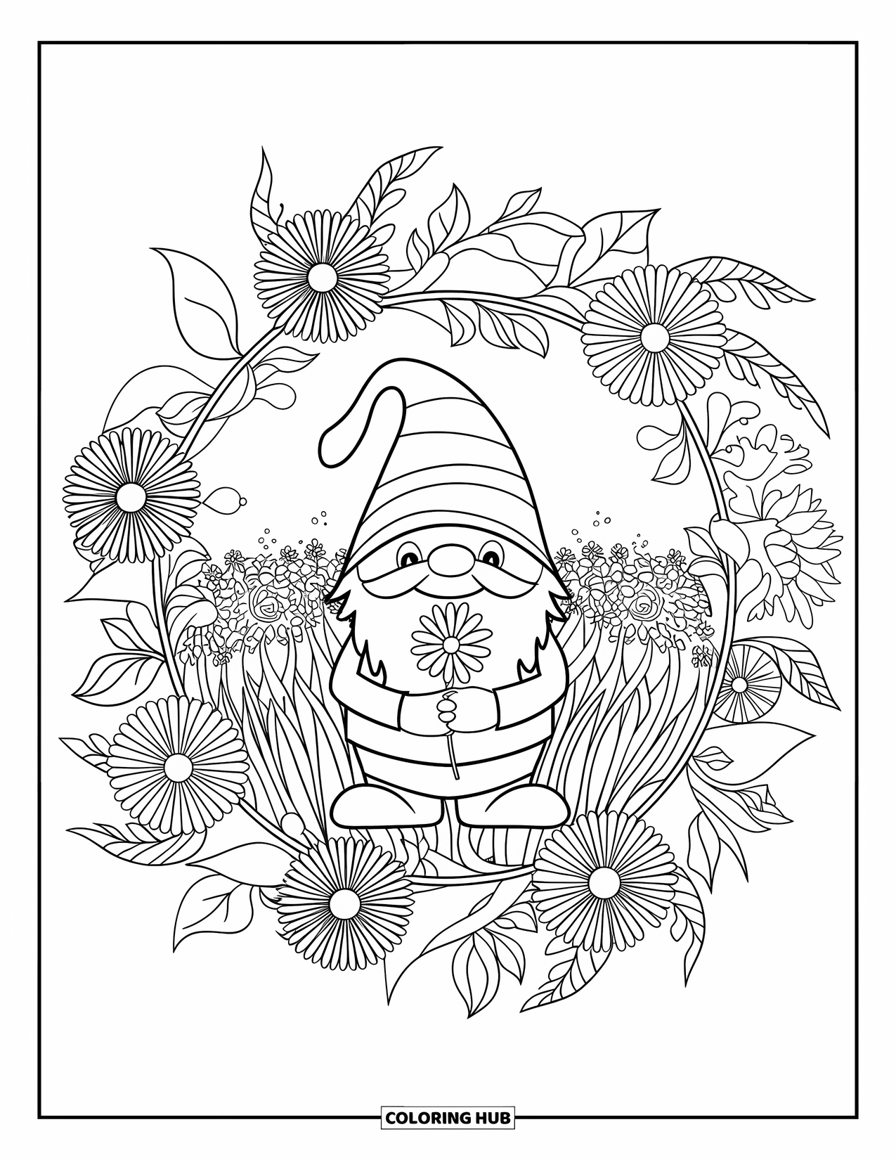 Summer Gnome Coloring Page for Adults: A gnome stands with a daisy inside a mandala of summer blooms and vines