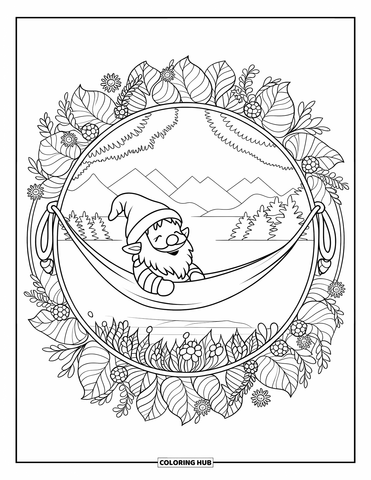 Summer Gnome Coloring Page for Adults: A gnome swings gently in a hammock surrounded by leaves, flowers, and summer vines