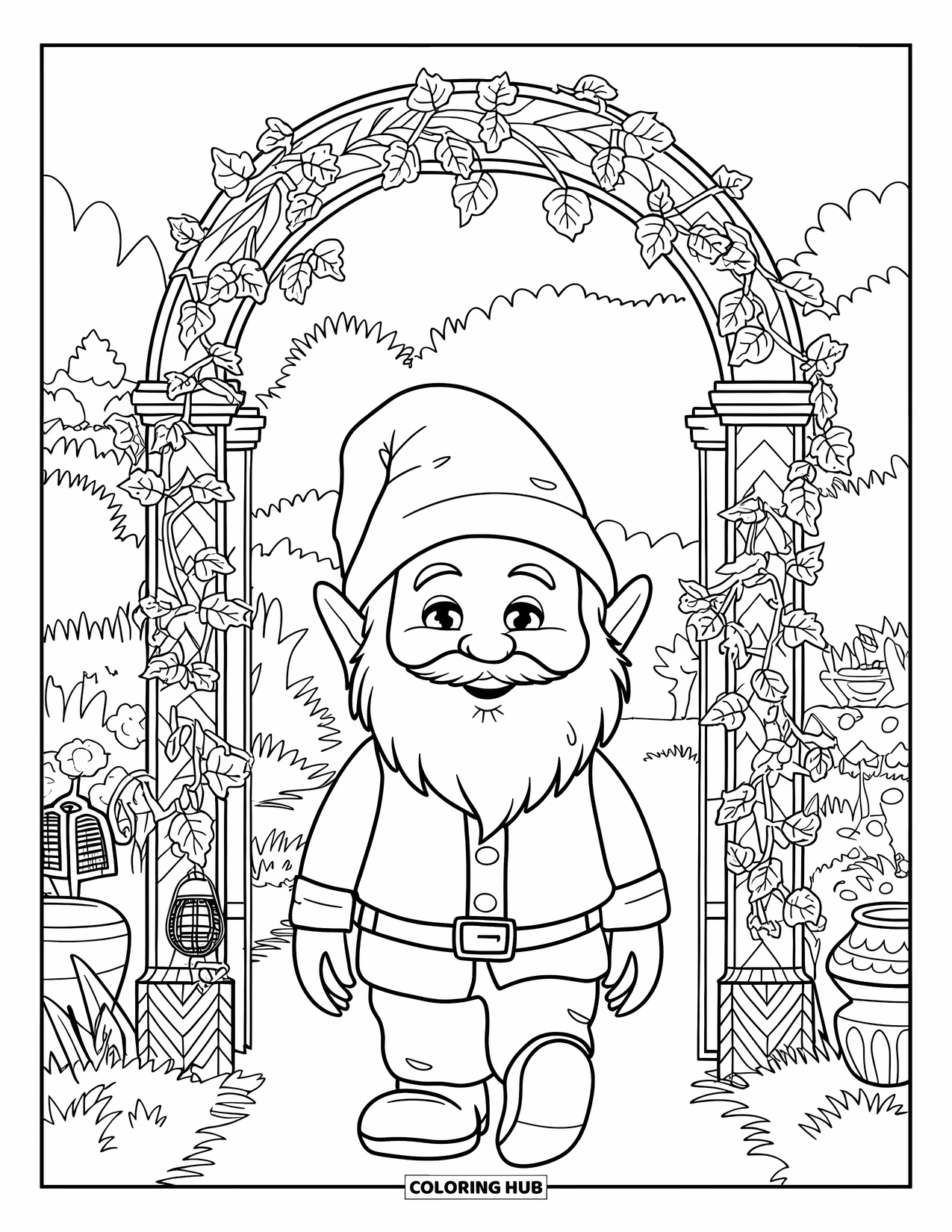Summer Gnome Coloring Page for Adults: A gnome walks through a floral arch with lanterns and leafy patterns