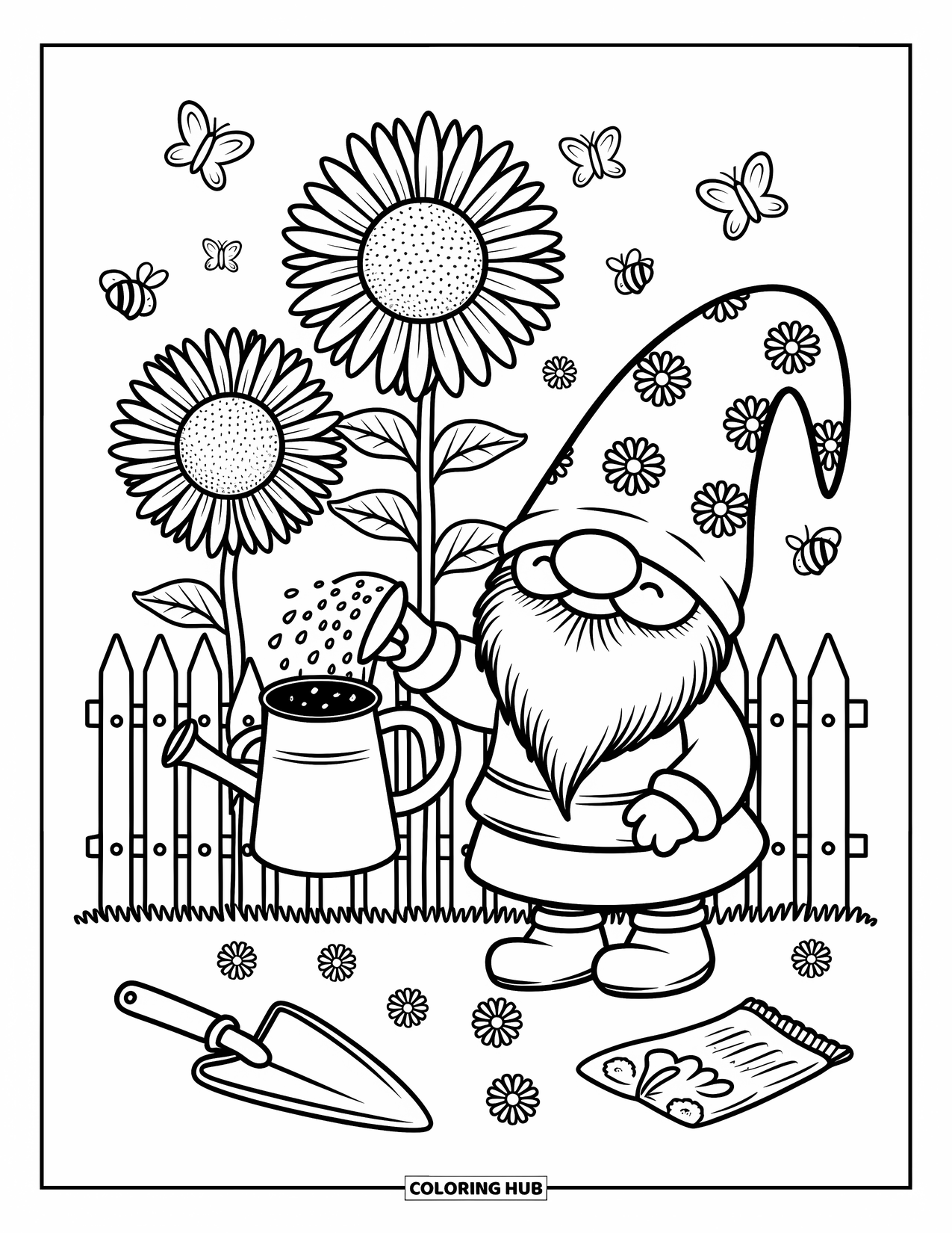 Summer Gnome Coloring Page for Adults: A gnome waters tall sunflowers while bees and butterflies dance nearby