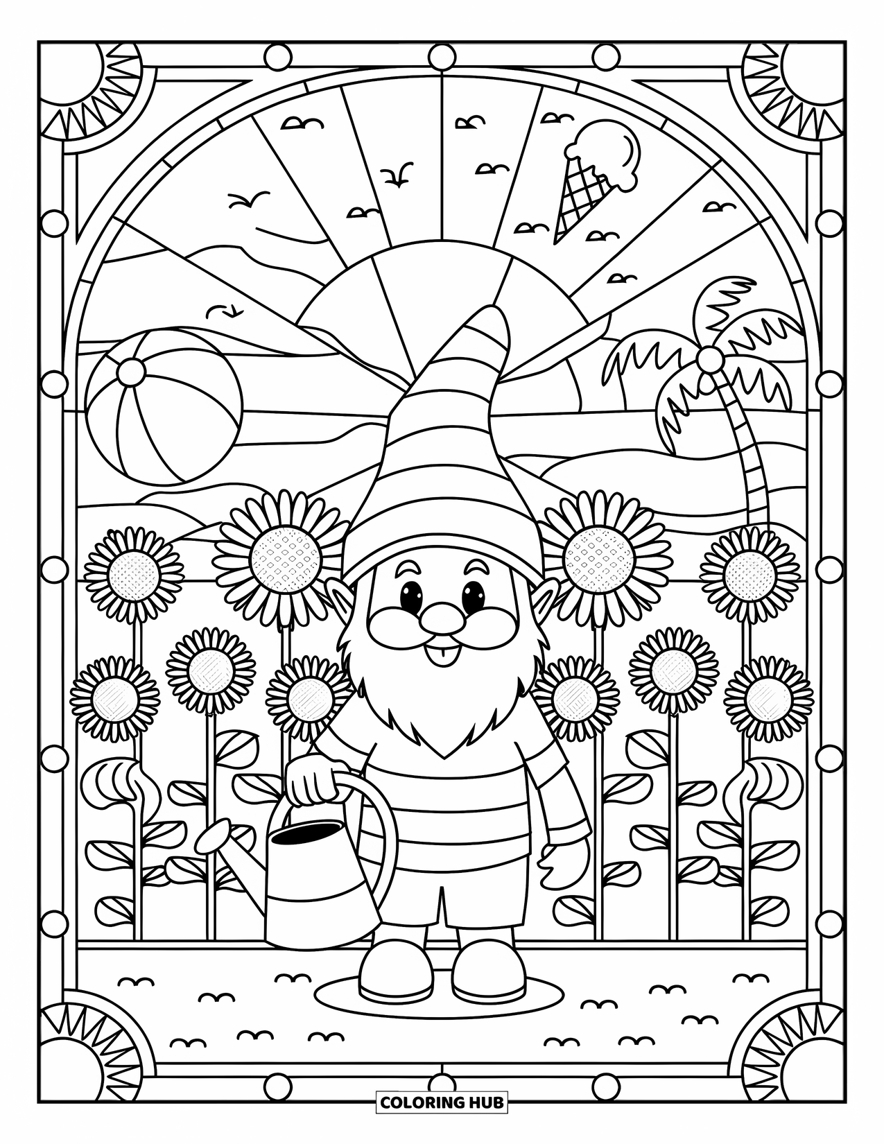 Summer Gnome Coloring Page for Adults: A gnome with a watering can stands in a sunflower patch full of summer cheer