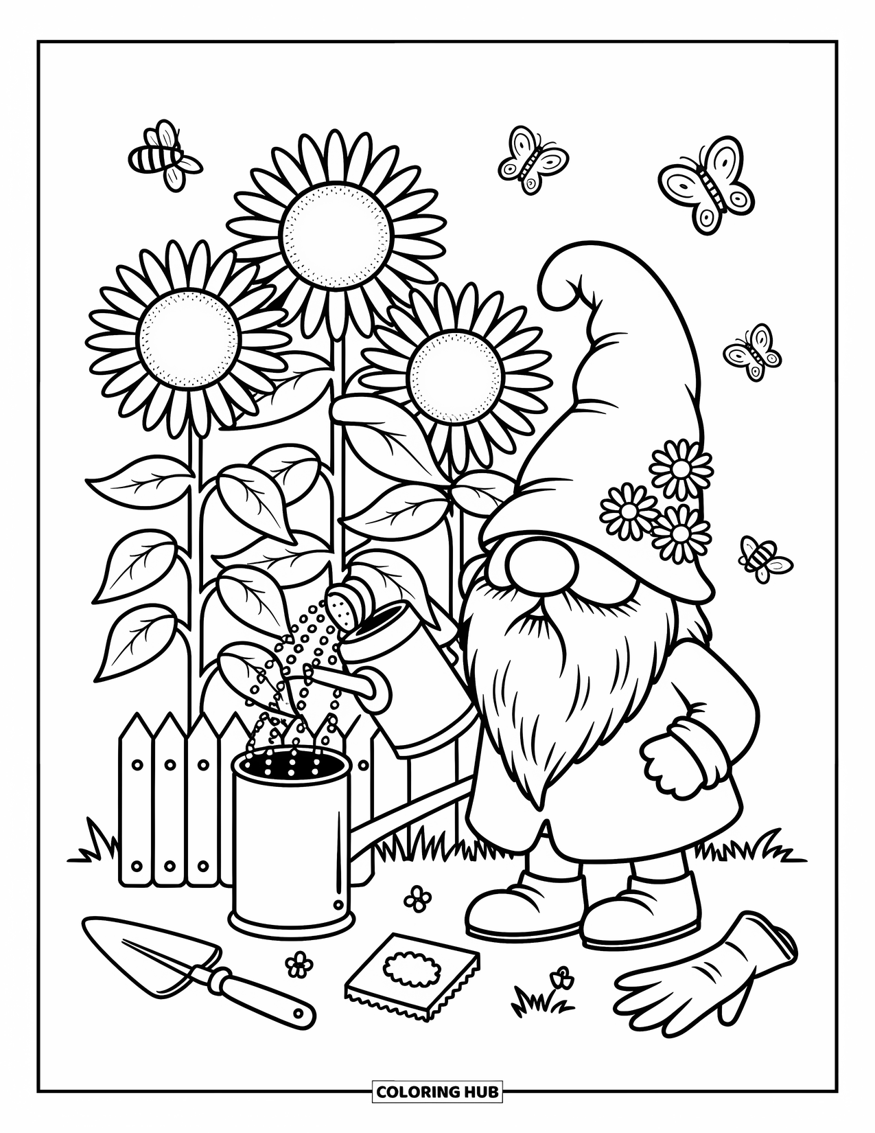 Summer Gnome Coloring Page for Adults: A happy gnome in a daisy hat waters sunflowers with bees flying around
