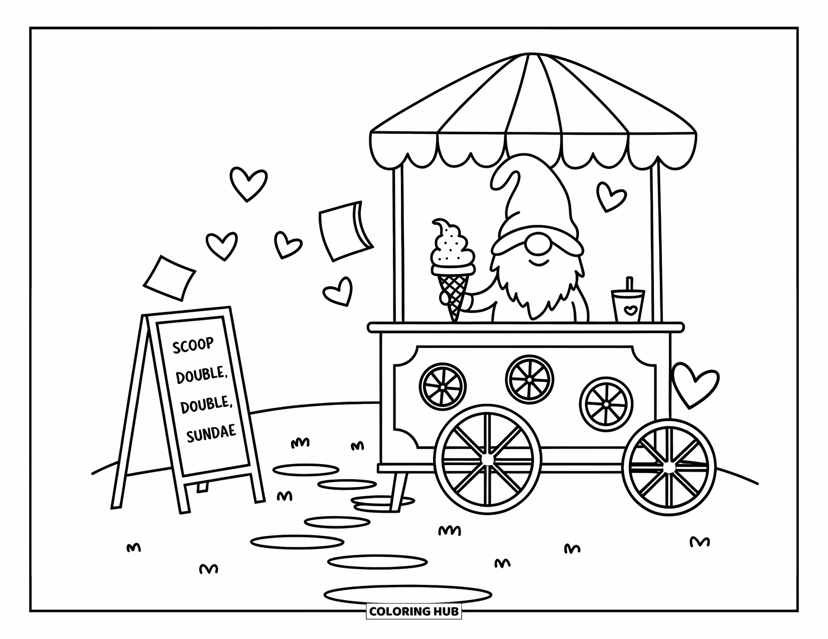 Summer Gnome Coloring Page for Adults: A smiling gnome offers scoops from a cheerful cart with a striped umbrella above
