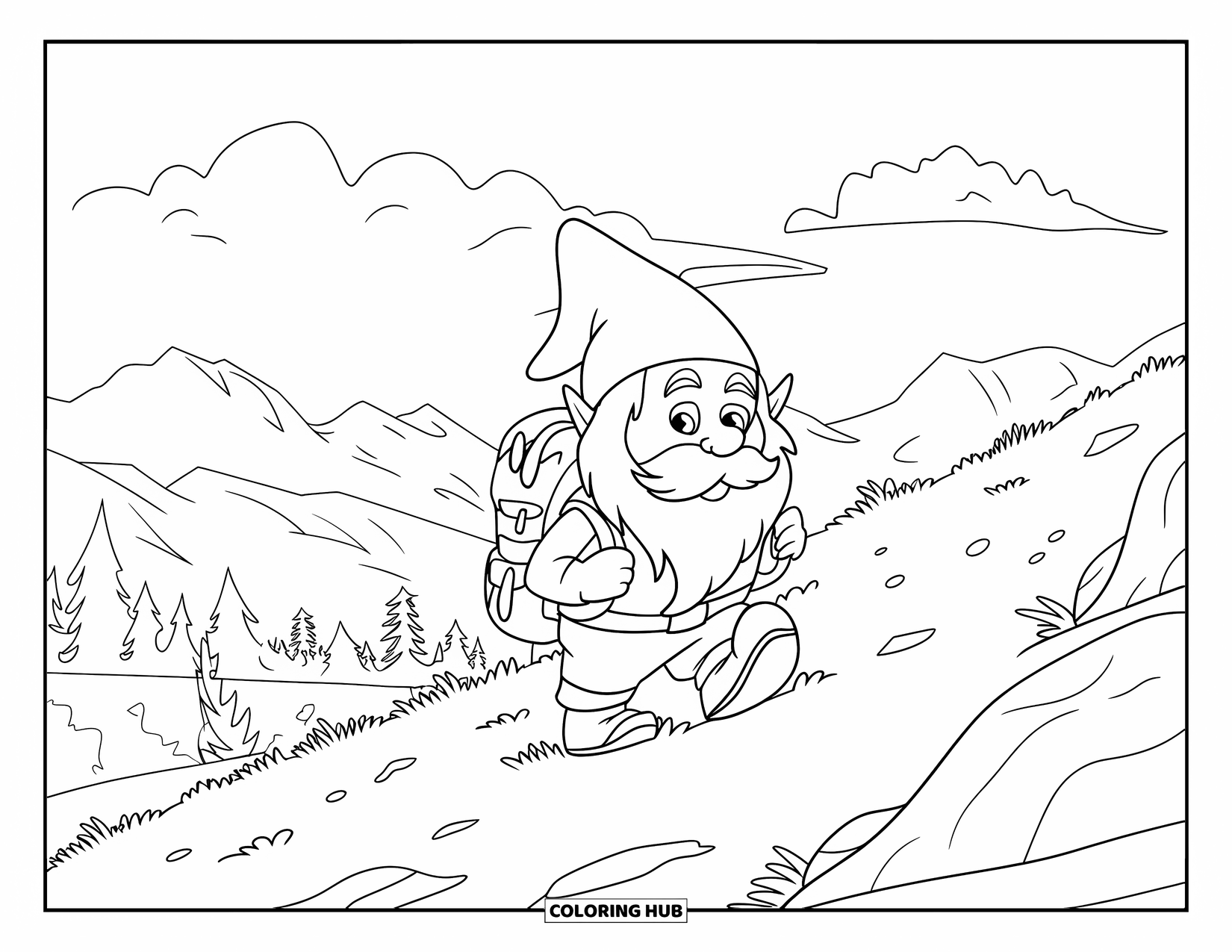Summer Gnome Coloring Page for Kids: A bearded gnome hikes a rocky trail with mountains and trees behind him