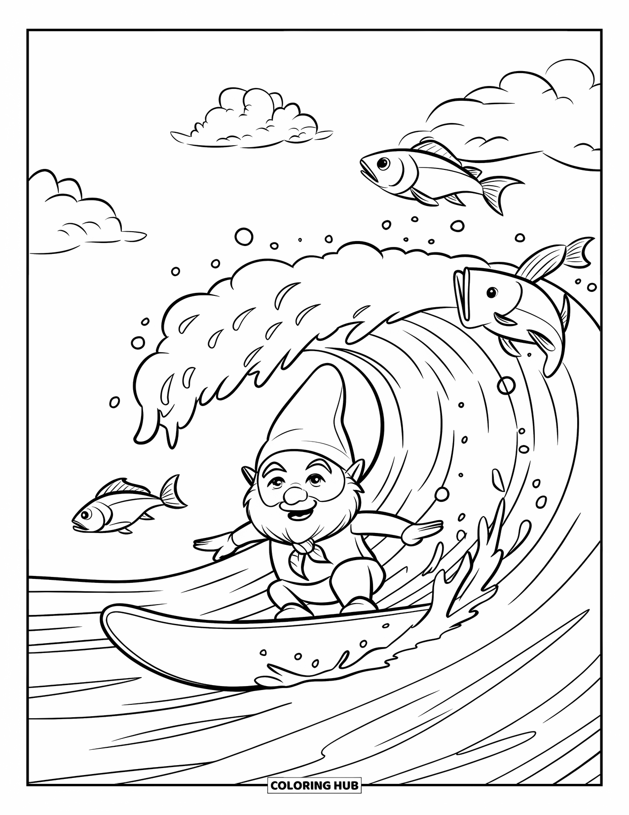 Summer Gnome Coloring Page for Kids: A gnome balances on a surfboard surrounded by curved fish and clouds