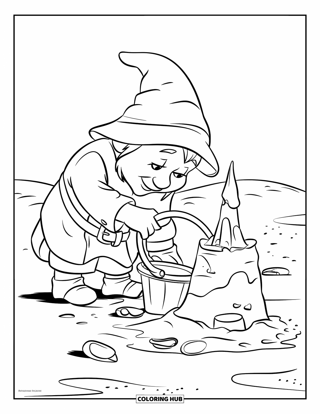 Summer Gnome Coloring Page for Kids: A gnome builds a sandcastle on a sunny beach with shells around