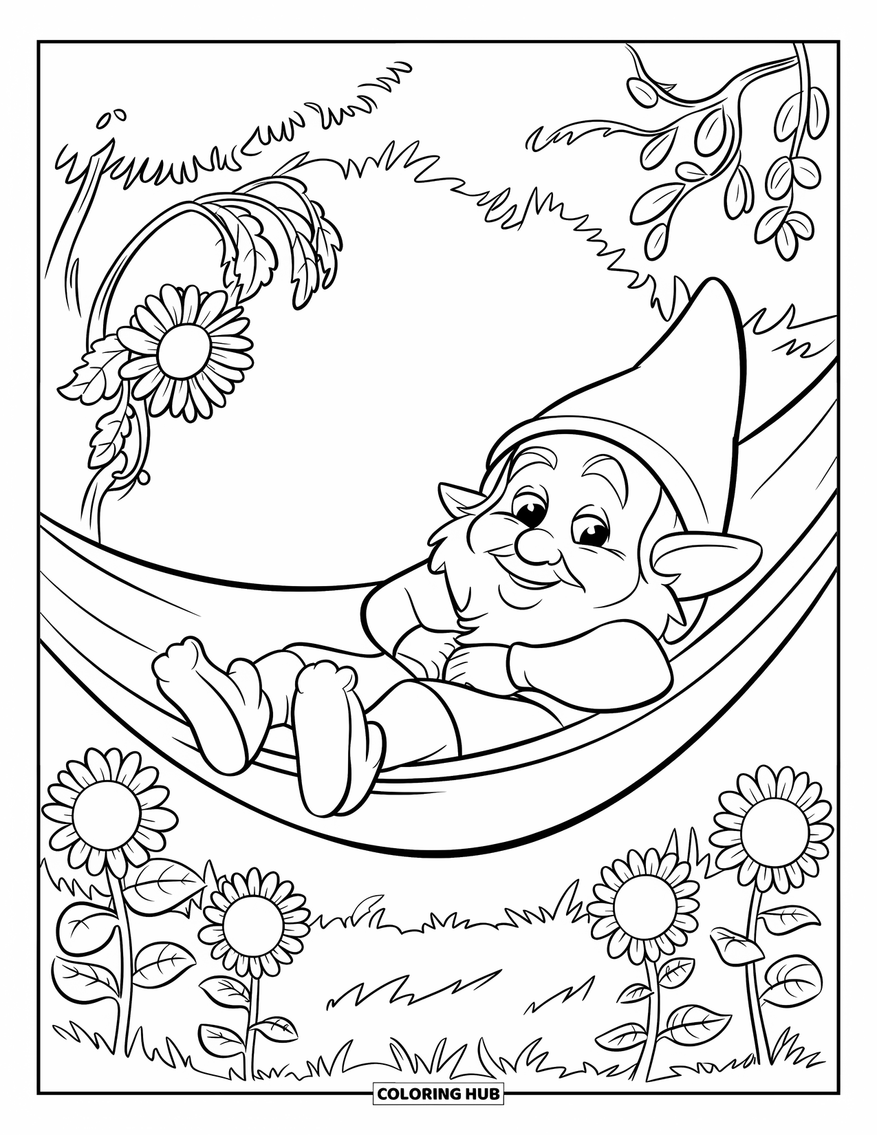 Summer Gnome Coloring Page for Kids: A gnome chills in a hammock, surrounded by cheerful summer flowers