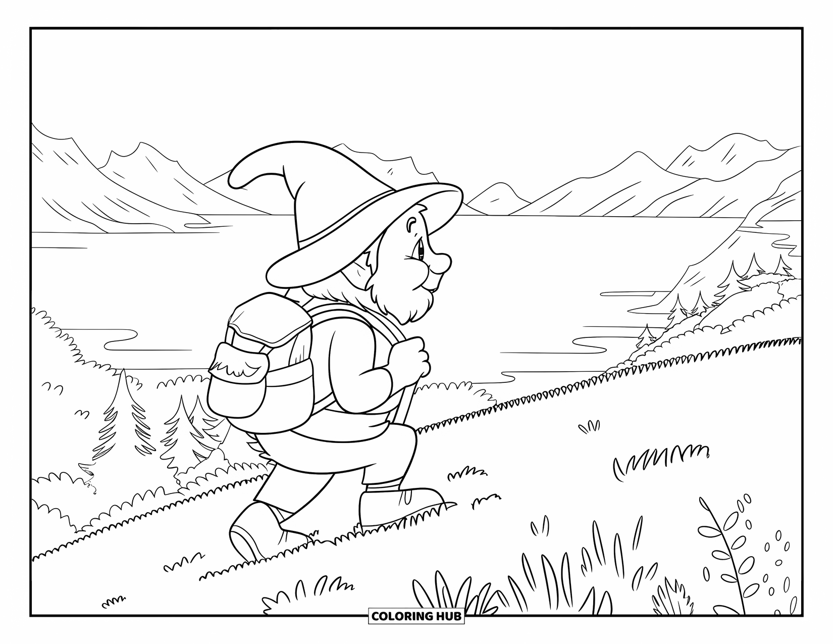 Summer Gnome Coloring Page for Kids: A gnome climbs a hill with a backpack and a view of mountains and water