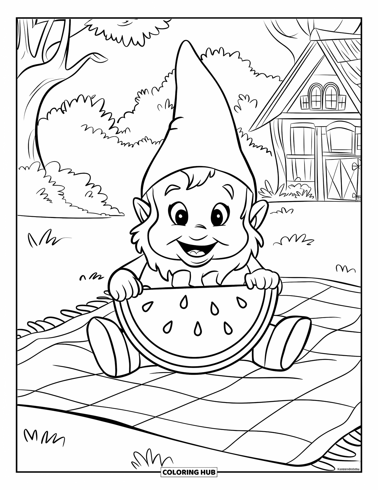 Summer Gnome Coloring Page for Kids: A gnome enjoys watermelon on a picnic blanket under shady trees