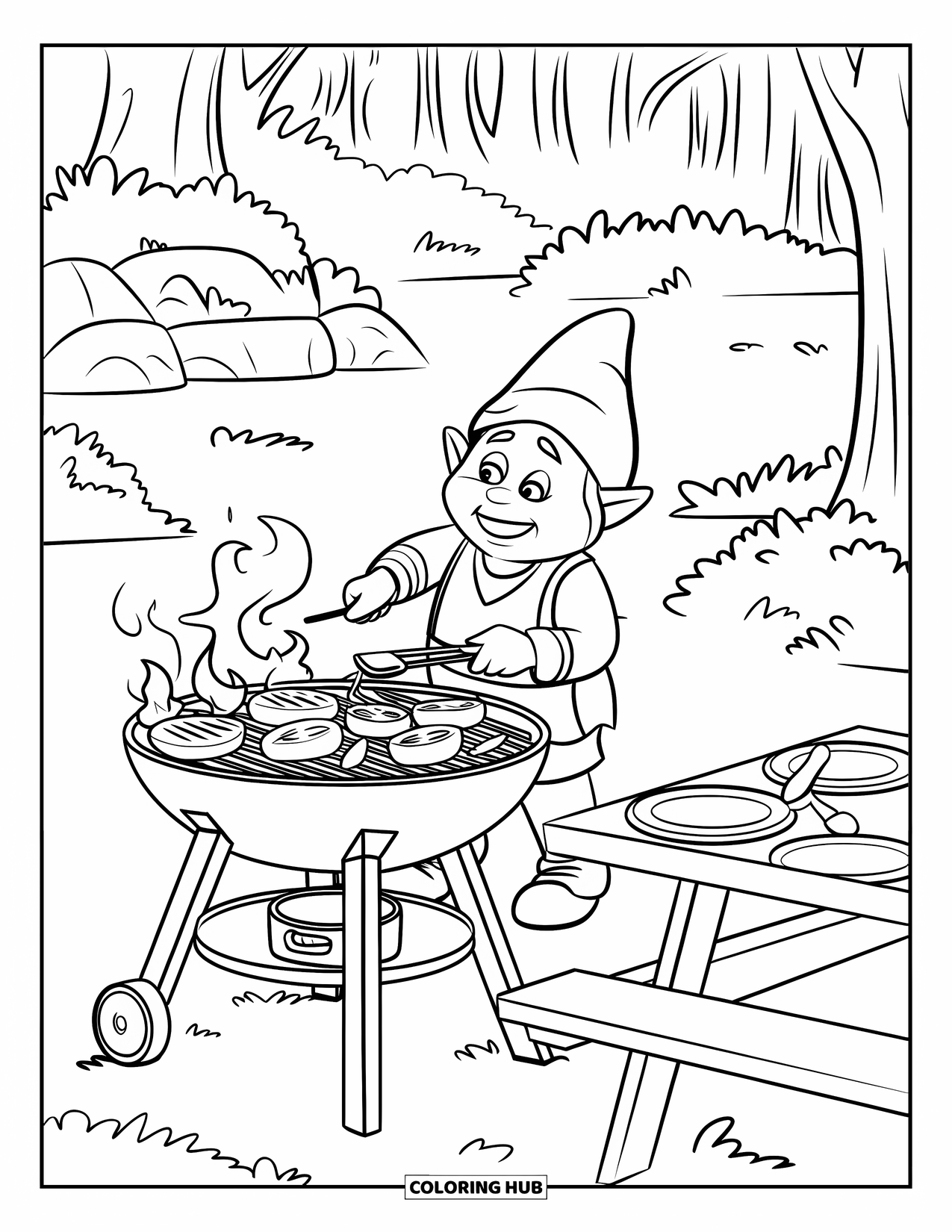 Summer Gnome Coloring Page for Kids: A gnome grills peppers and tomatoes next to a picnic table in the woods