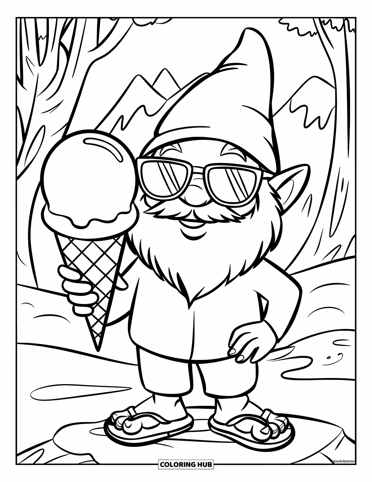 Summer Gnome Coloring Page for Kids: A gnome grins with ice cream near mountains and sunny skies