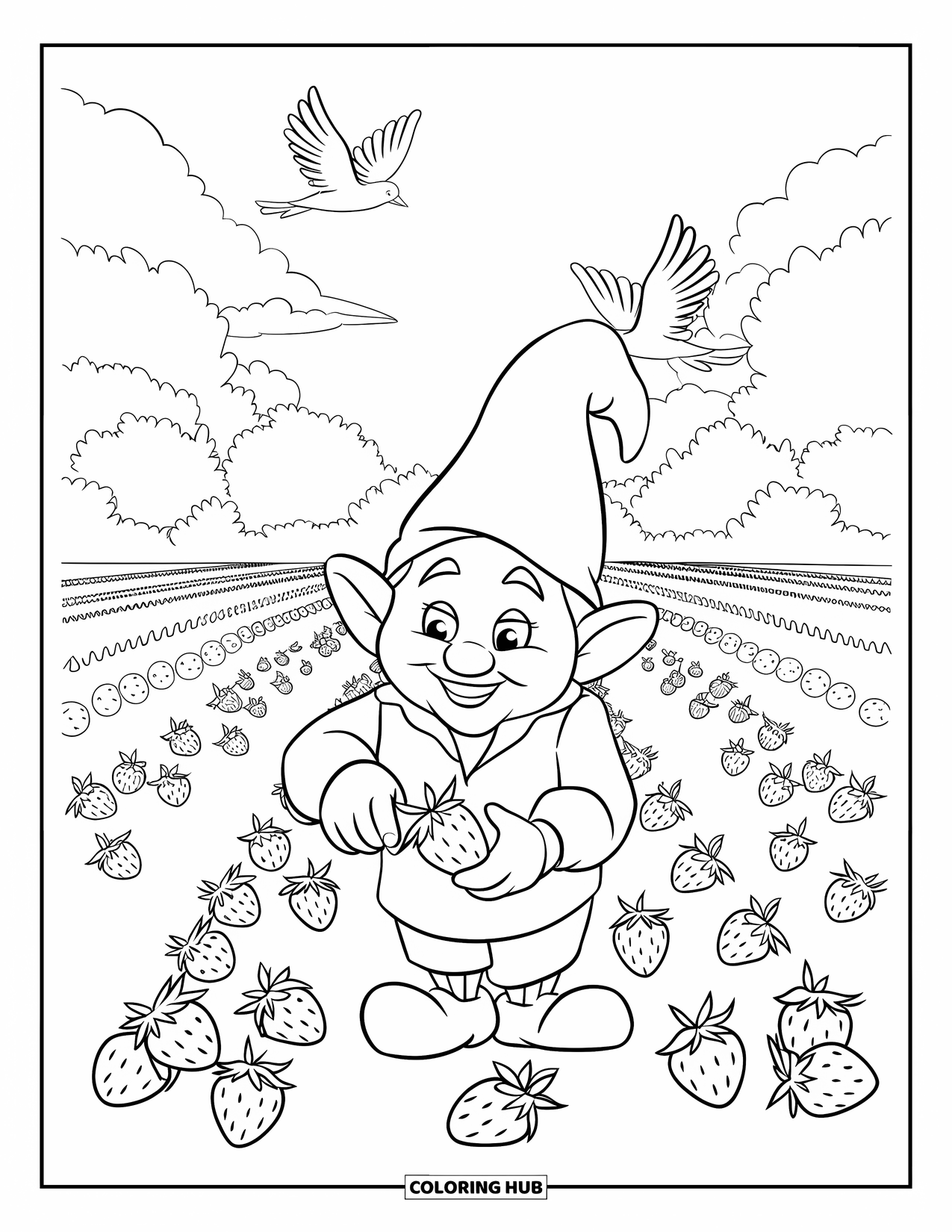 Summer Gnome Coloring Page for Kids: A gnome harvests strawberries with birds flying over a big open field
