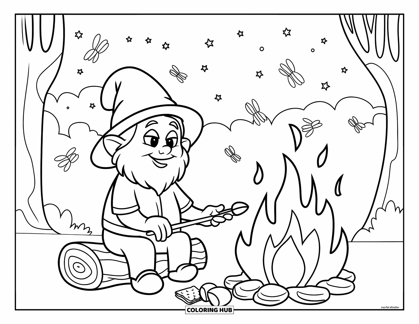 Summer Gnome Coloring Page for Kids: A gnome in a blue shirt roasts marshmallows beside a glowing fire