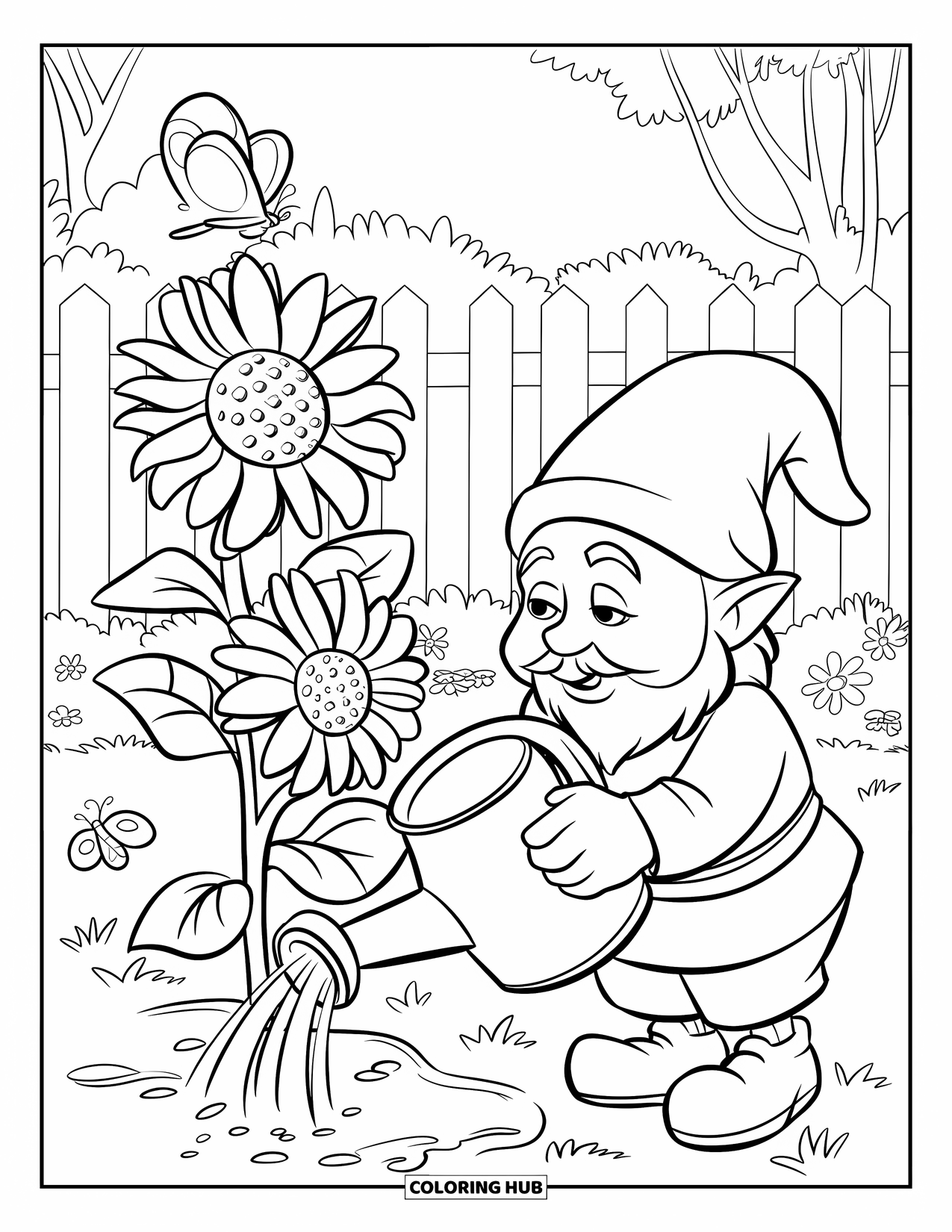 Summer Gnome Coloring Page for Kids: A gnome in a garden waters sunflowers with flowers blooming all around
