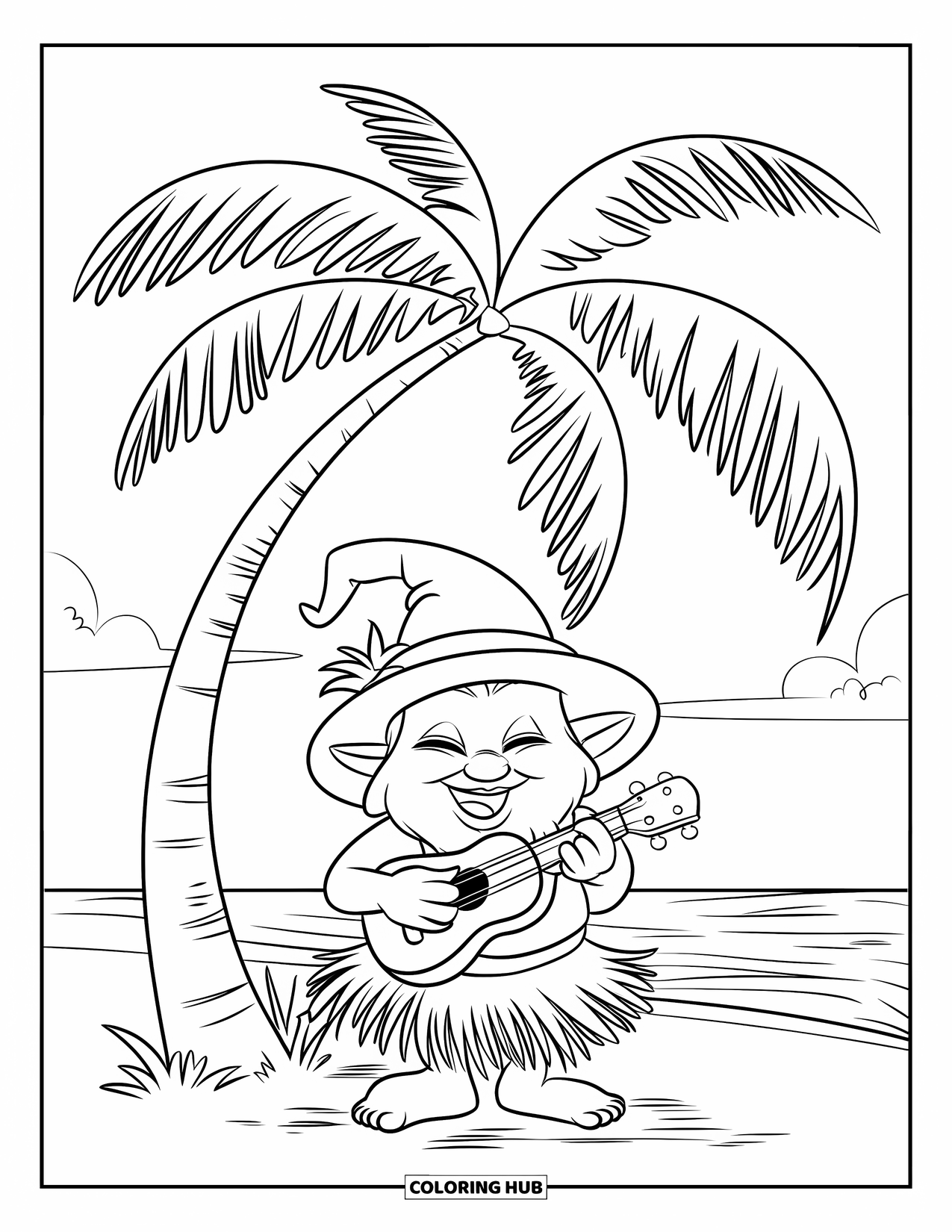 Summer Gnome Coloring Page for Kids: A gnome in a grass skirt plays music on a quiet sandy beach