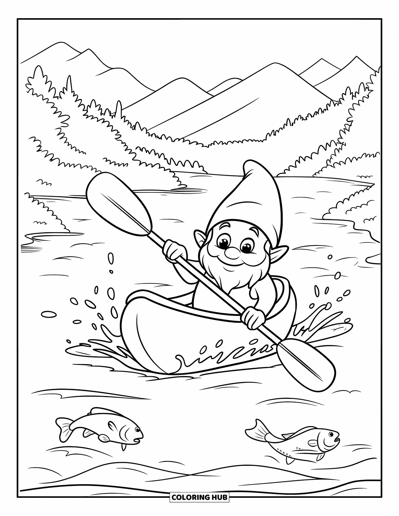 Summer Gnome Coloring Page for Kids: A gnome in a kayak floats through a river under mountain skies