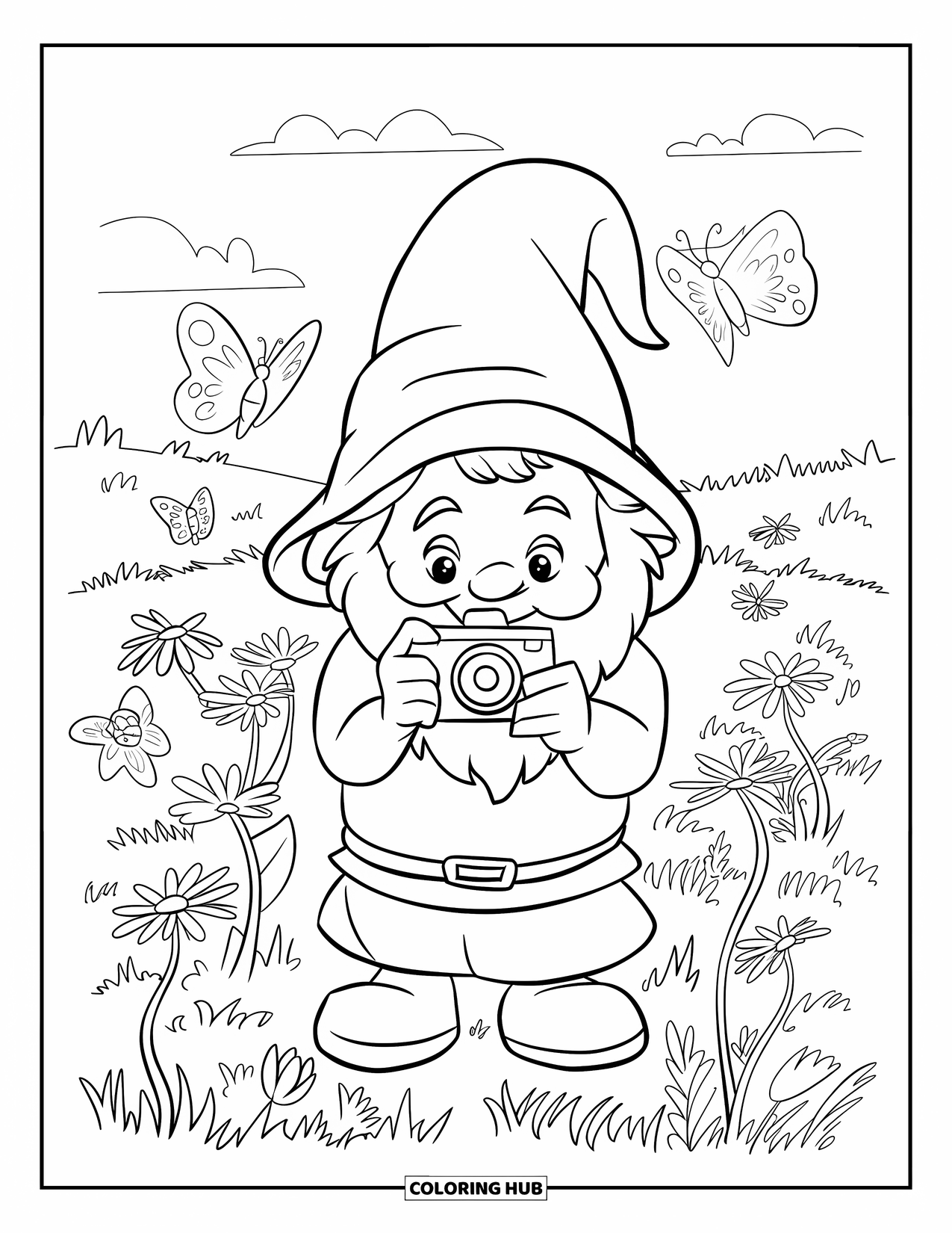 Summer Gnome Coloring Page for Kids: A gnome in a striped shirt photographs butterflies in a flower-filled field
