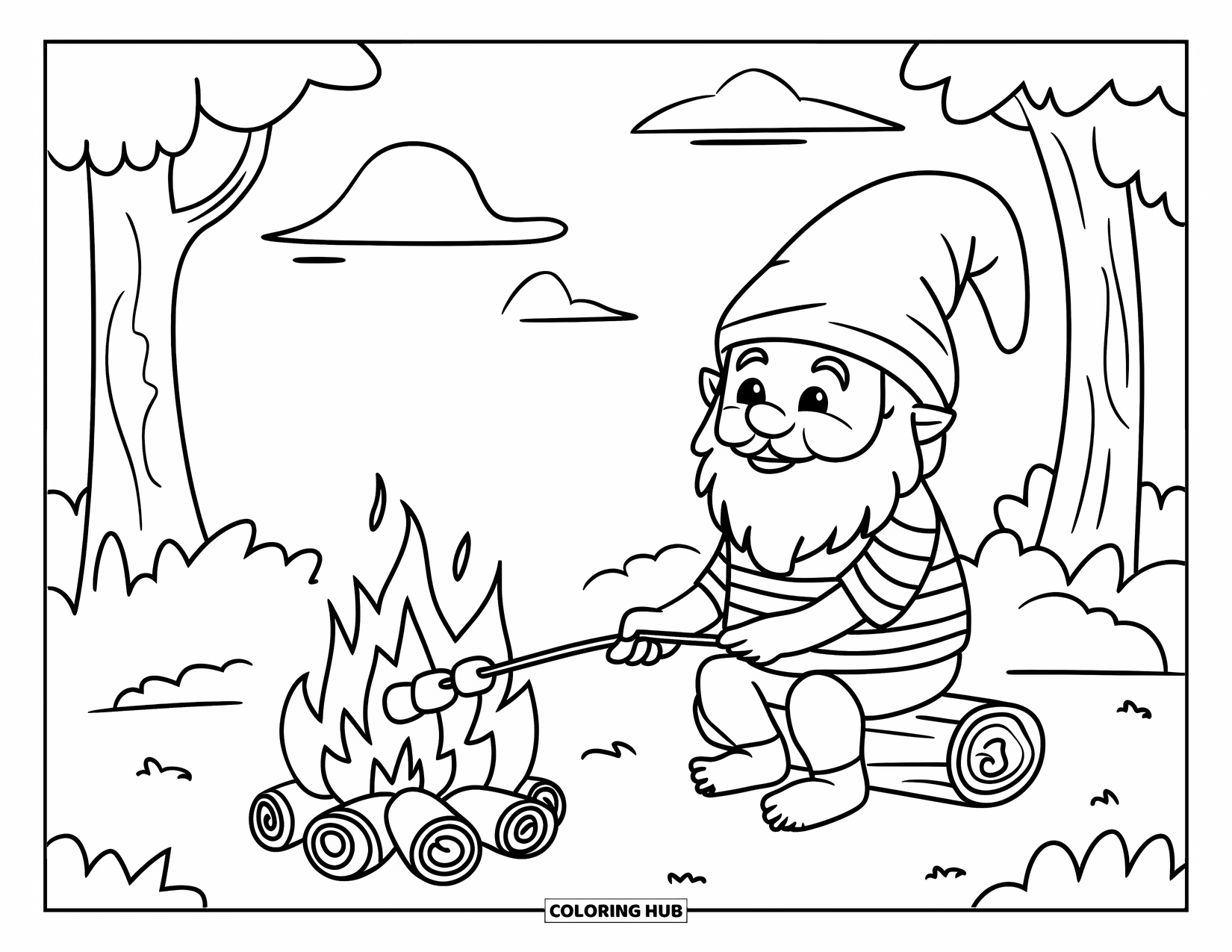 Summer Gnome Coloring Page for Kids: A gnome in stripes toasts marshmallows under trees and a cloudy sky