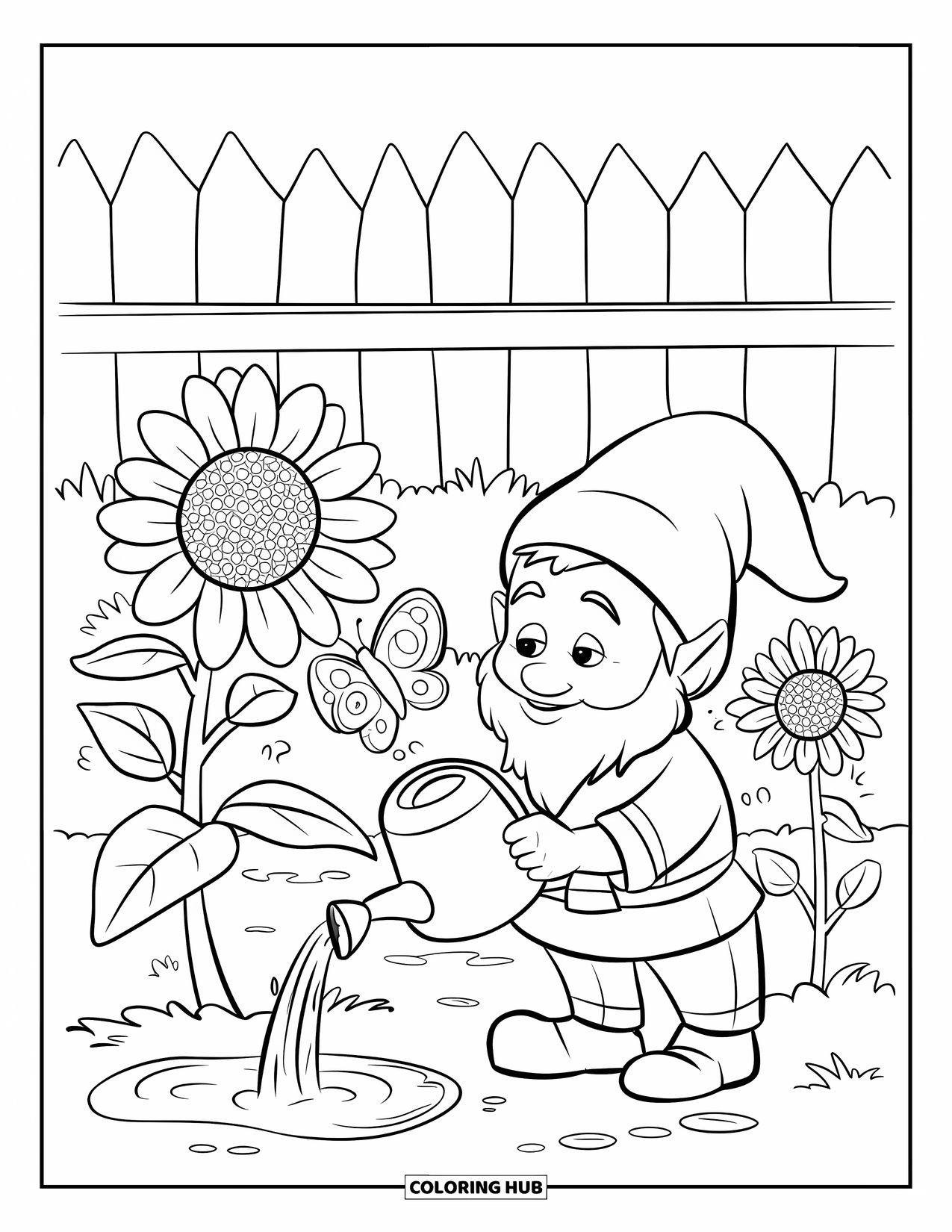 Summer Gnome Coloring Page for Kids: A gnome in stripes waters bright sunflowers by a garden fence