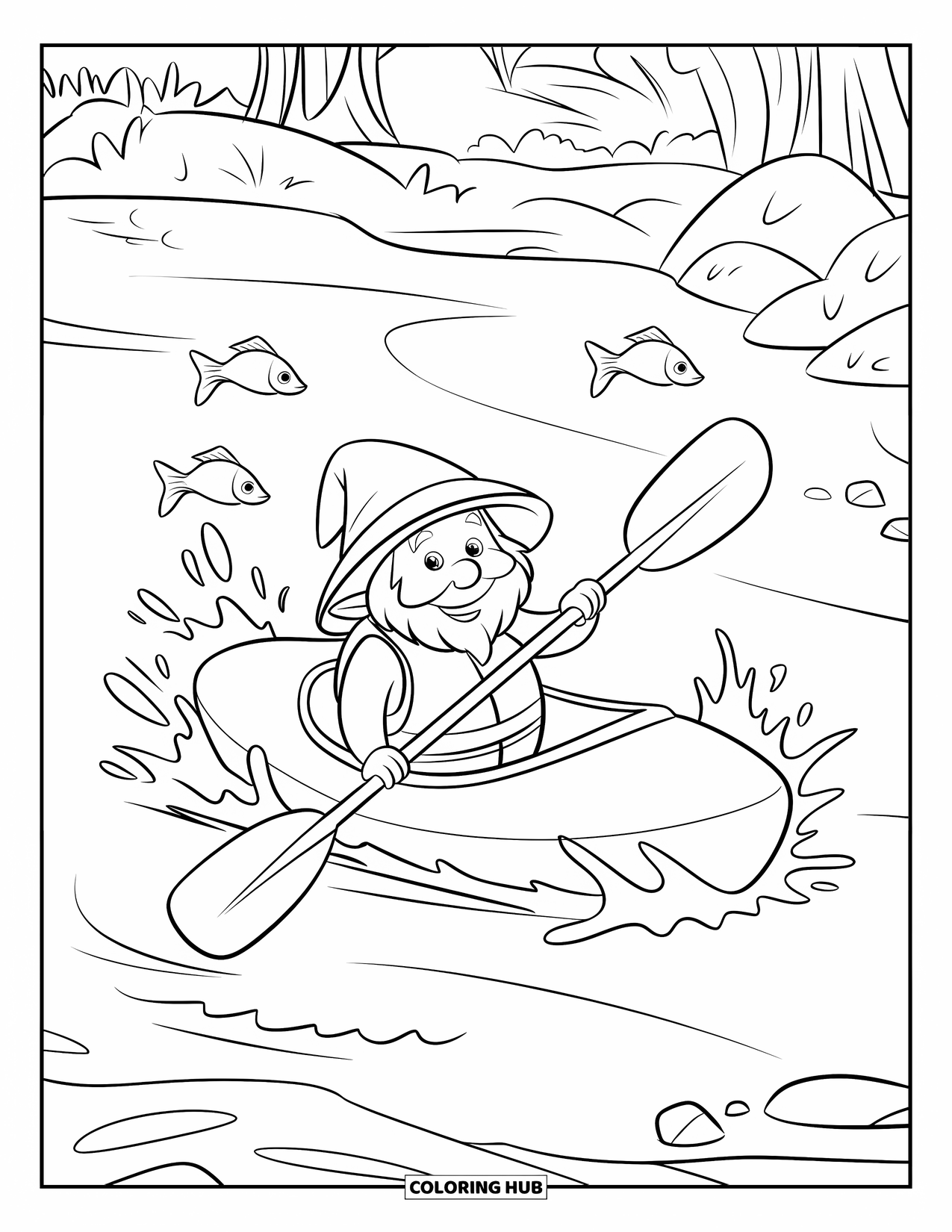 Summer Gnome Coloring Page for Kids: A gnome kayaks down a splashy river with fish leaping around