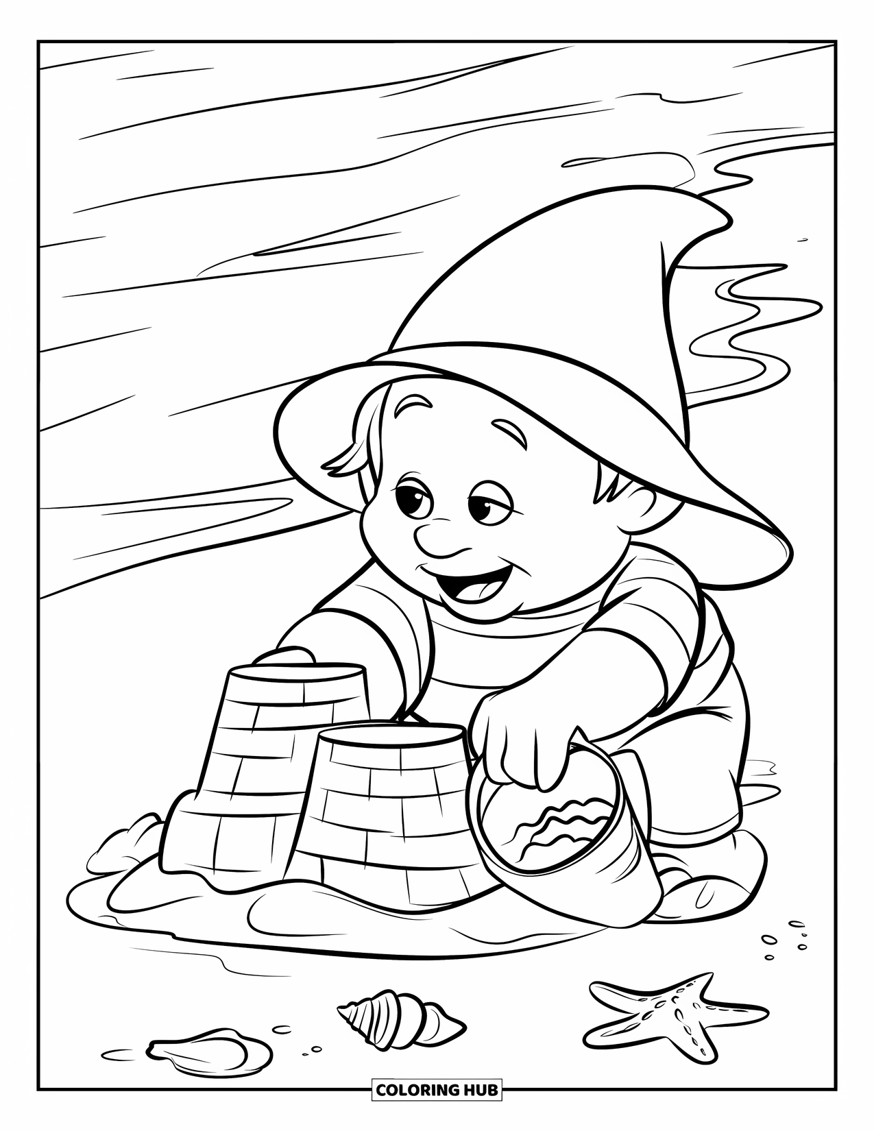 Summer Gnome Coloring Page for Kids: A gnome makes a castle from sand and shells near the ocean