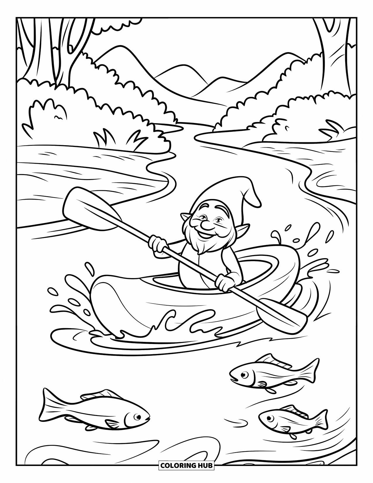 Summer Gnome Coloring Page for Kids: A gnome paddles through a winding river with fish jumping nearby