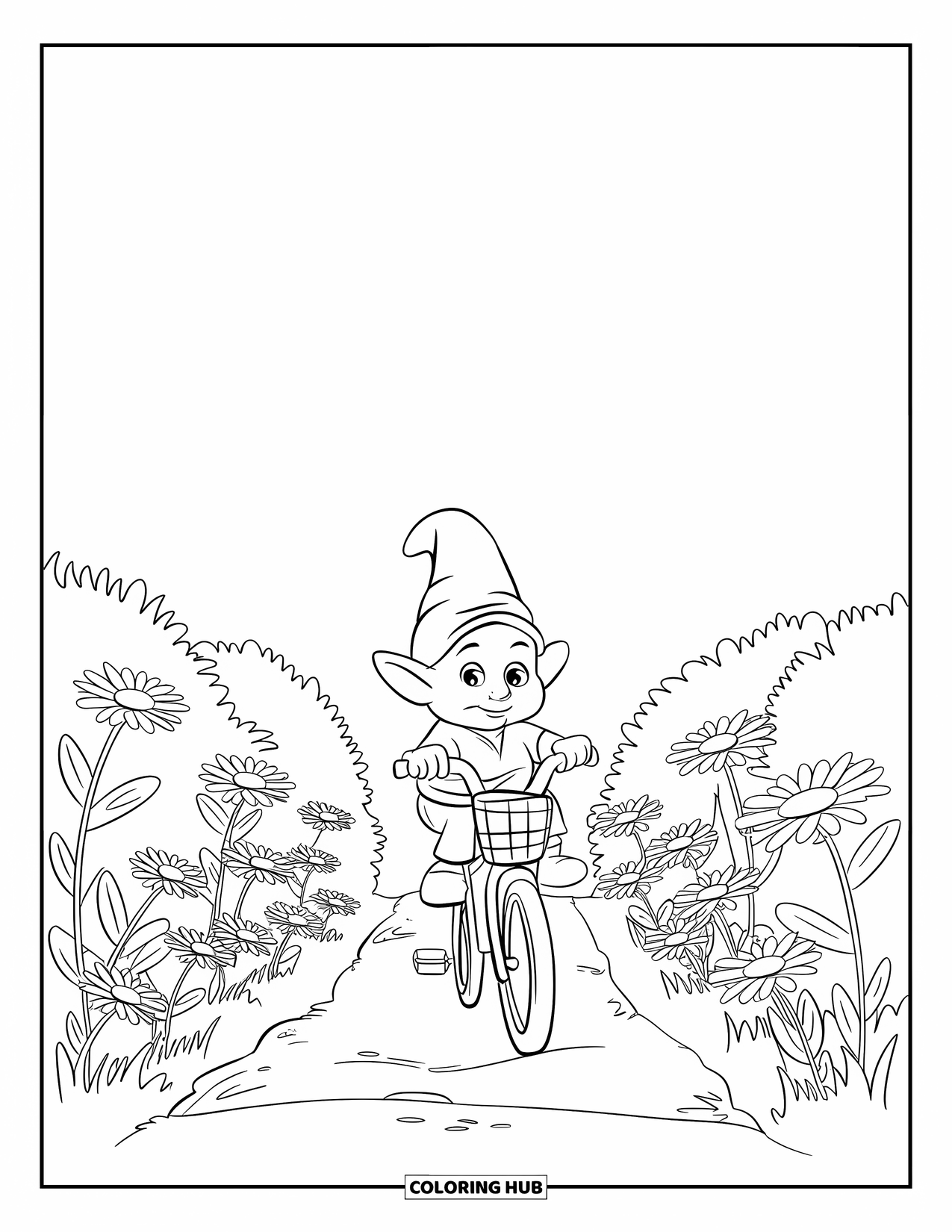 Summer Gnome Coloring Page for Kids: A gnome pedals through a flower garden with a clear sky above