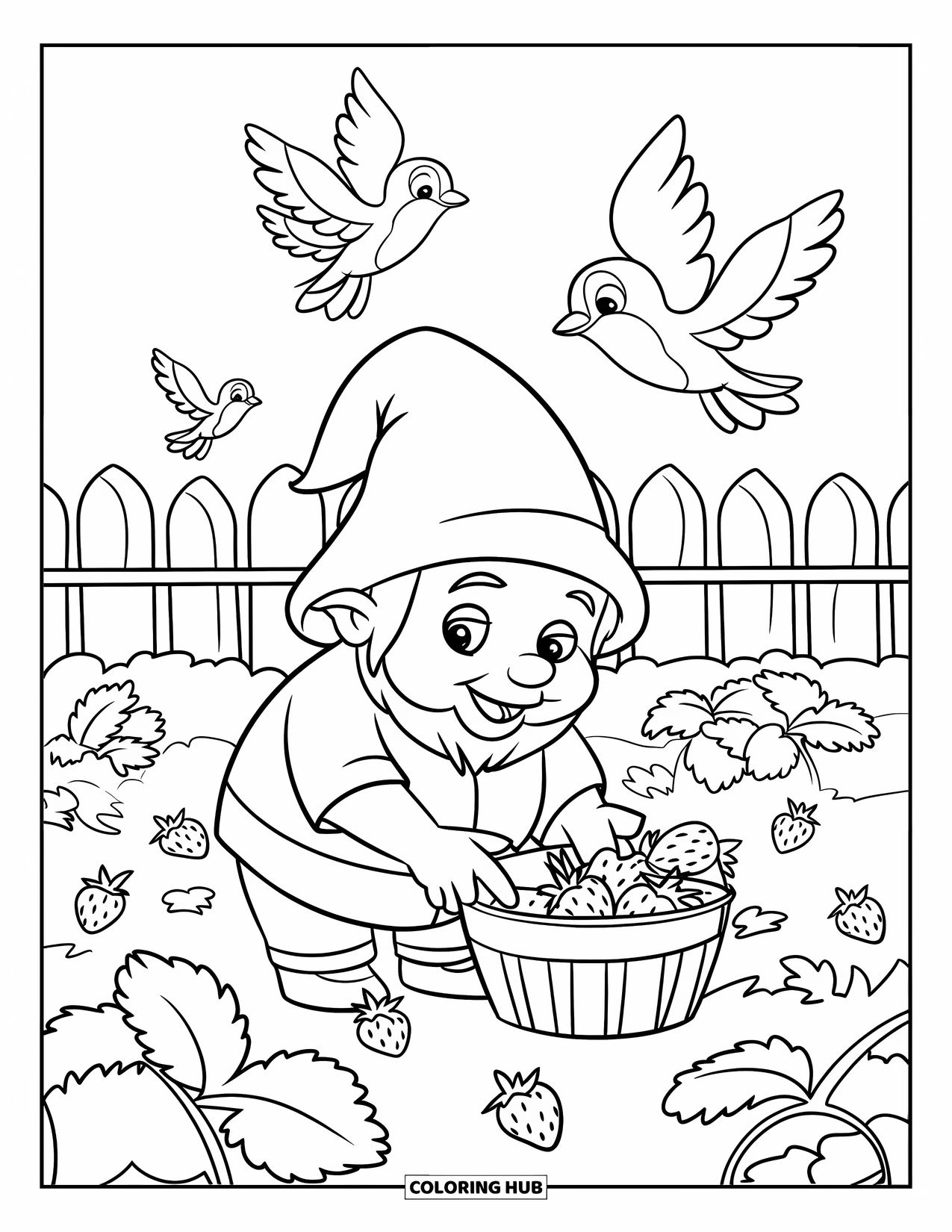 Summer Gnome Coloring Page for Kids: A gnome picks strawberries in a sunny field with birds flying above
