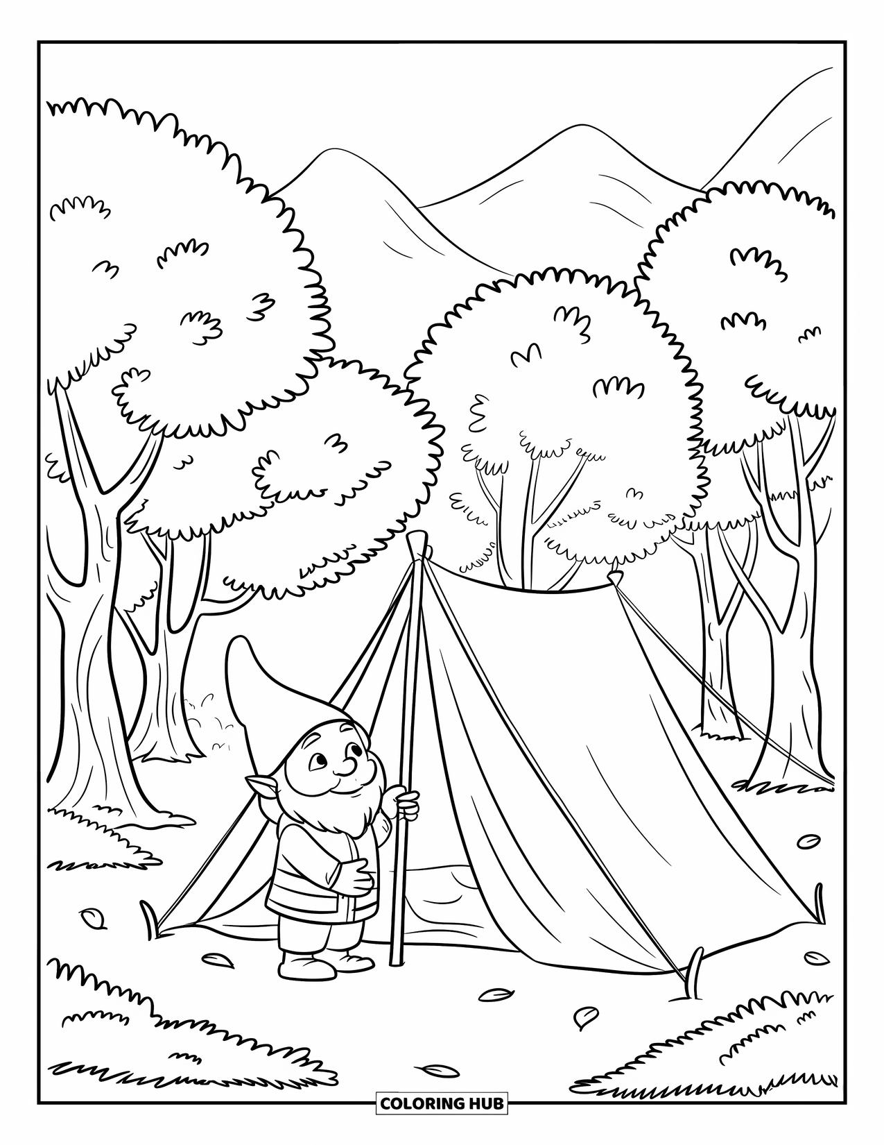 Summer Gnome Coloring Page for Kids: A gnome pitches a tent in the forest with mountains in the distance