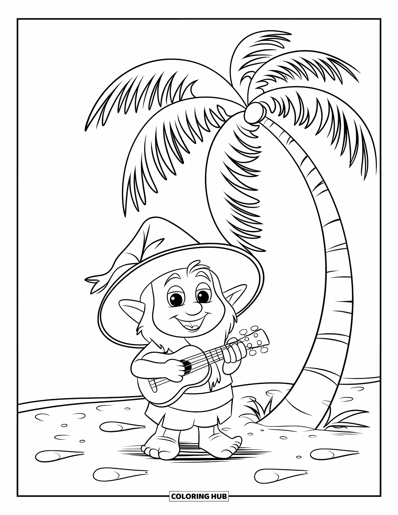 Summer Gnome Coloring Page for Kids: A gnome plays a ukulele under a breezy palm tree on the beach