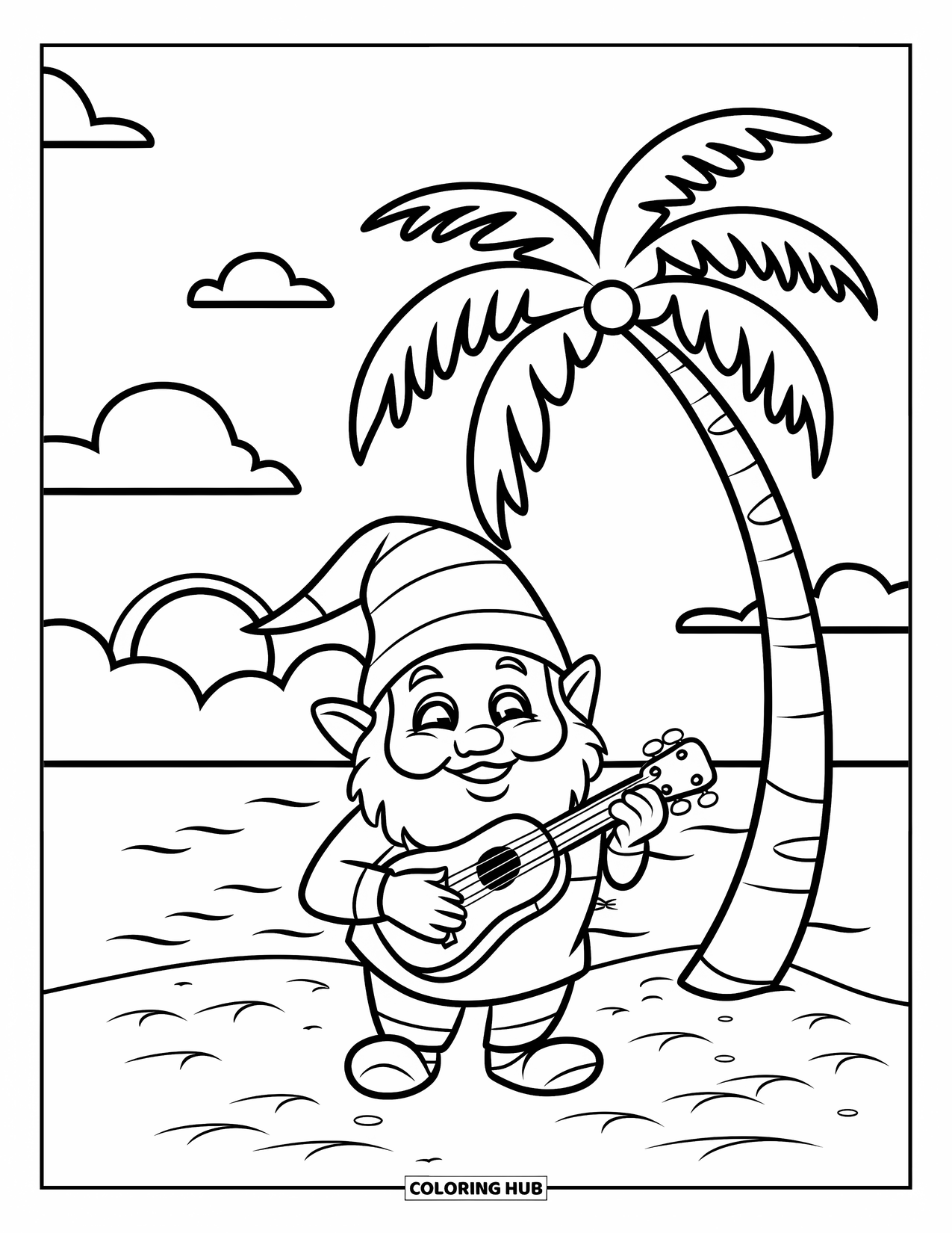 Summer Gnome Coloring Page for Kids: A gnome plays a ukulele under palm trees with a sunset sky