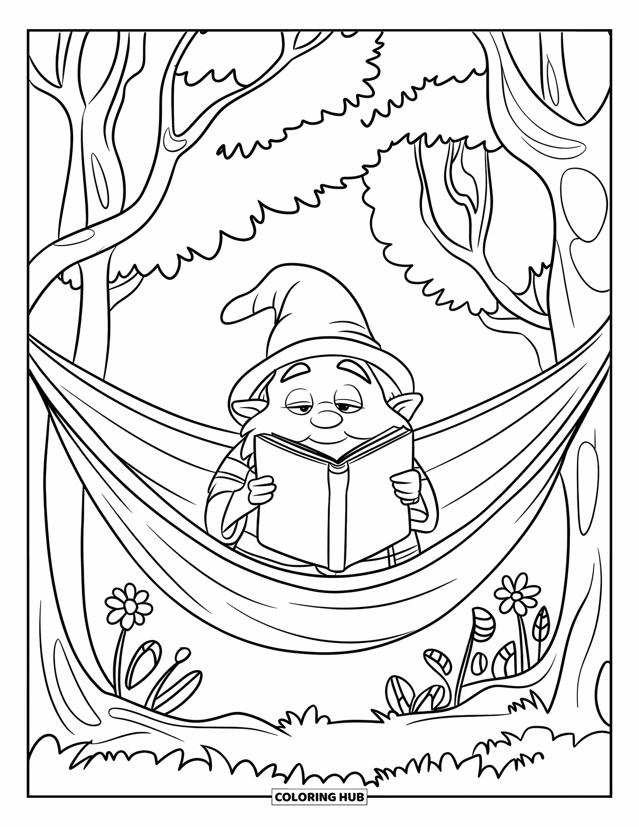 Summer Gnome Coloring Page for Kids: A gnome relaxes in a hammock with flowers and forest leaves all around