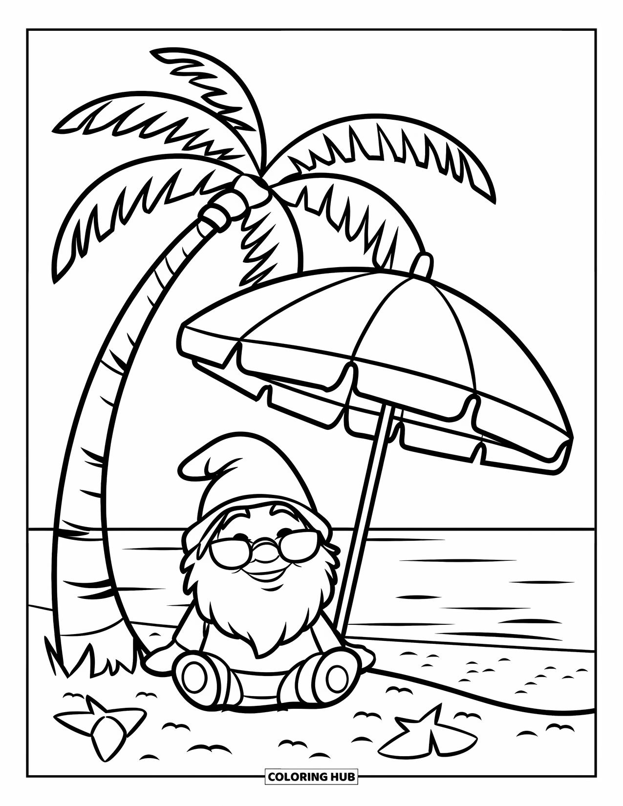 Summer Gnome Coloring Page for Kids: A gnome relaxes under a palm tree beside a beach umbrella