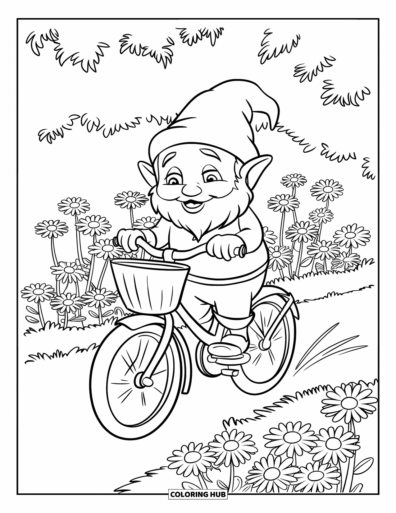 Summer Gnome Coloring Page for Kids: A gnome rides a bike along a garden path filled with daisies