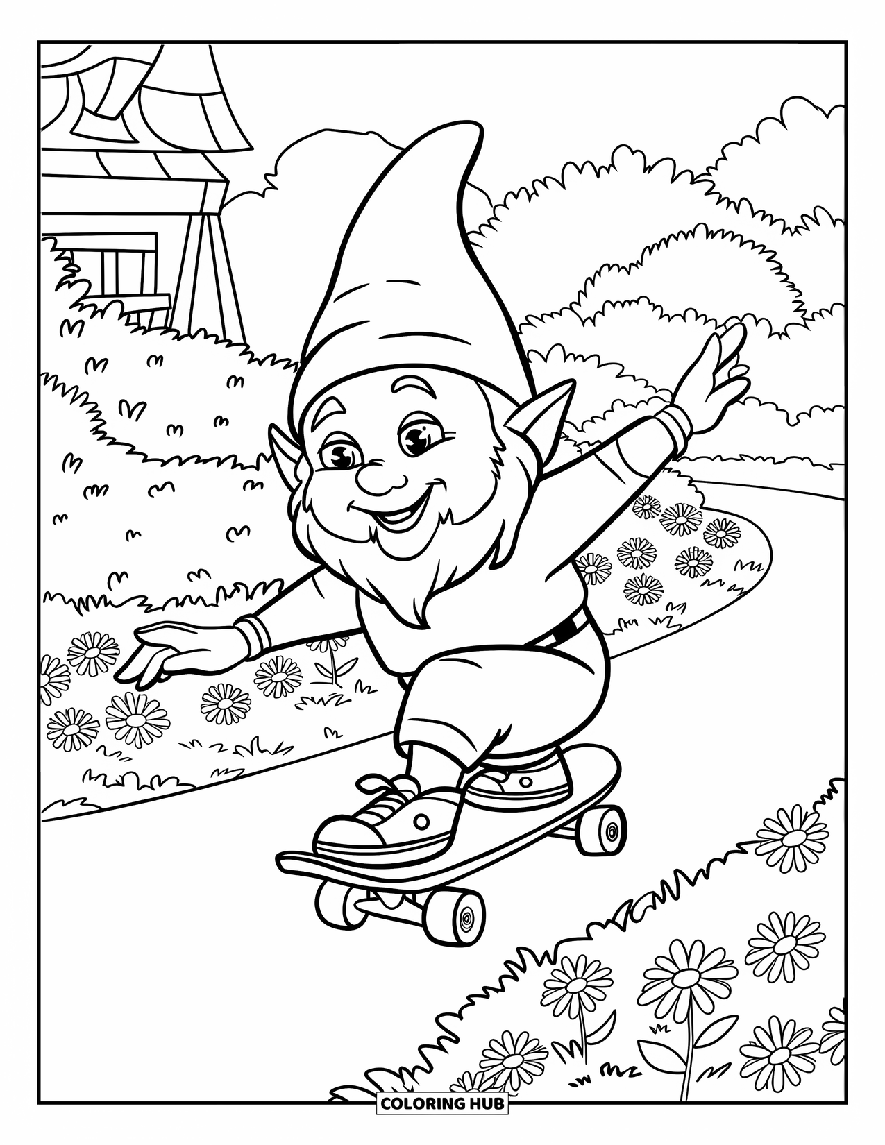 Summer Gnome Coloring Page for Kids: A gnome rides a skateboard along a flower-lined garden path