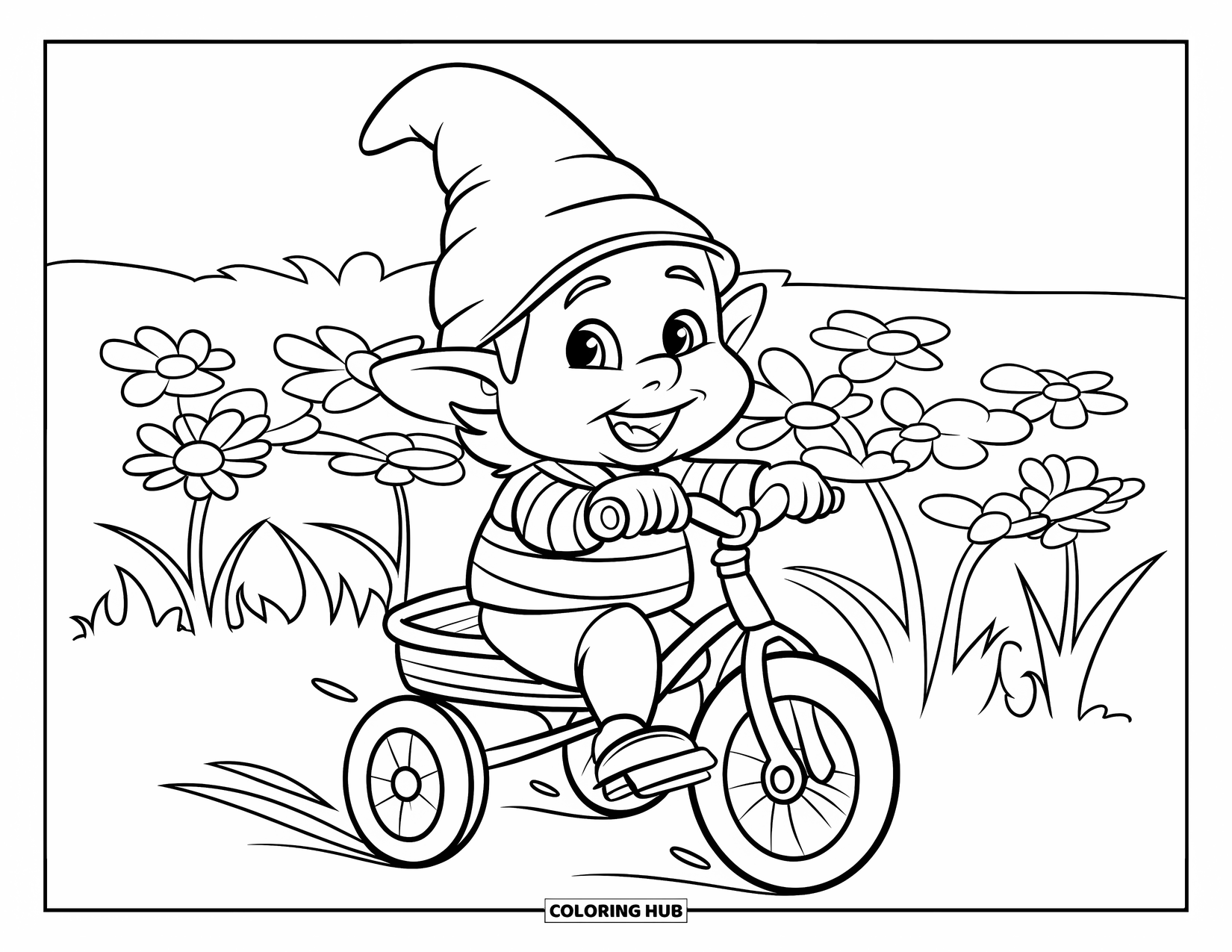 Summer Gnome Coloring Page for Kids: A gnome rides a tricycle through a flower field with a sunny sky